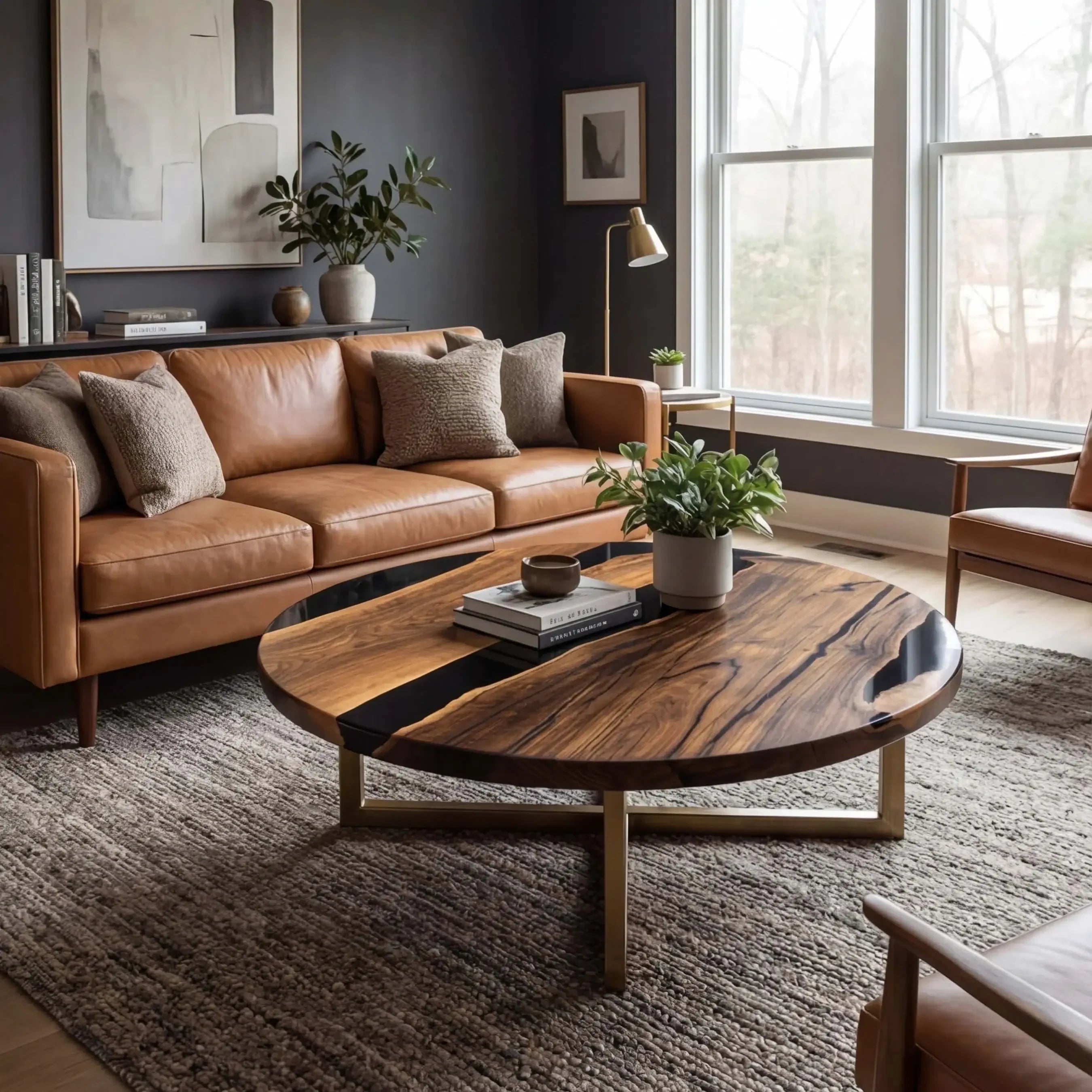 Custom Black Walnut Epoxy Resin Round Coffee Table Black Resin