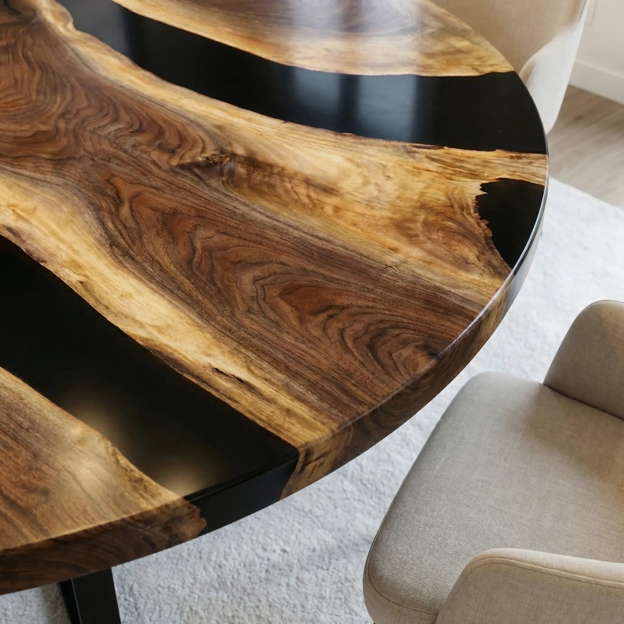 Custom Black Walnut Epoxy Resin Round Coffee Table Black Resin