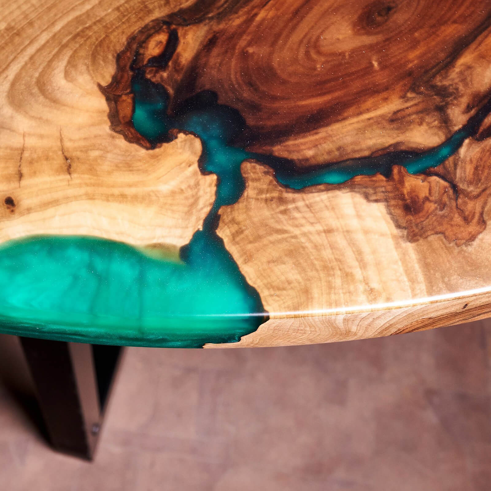 Custom Black Walnut Epoxy Resin Round Coffee Table Blue Green Waves