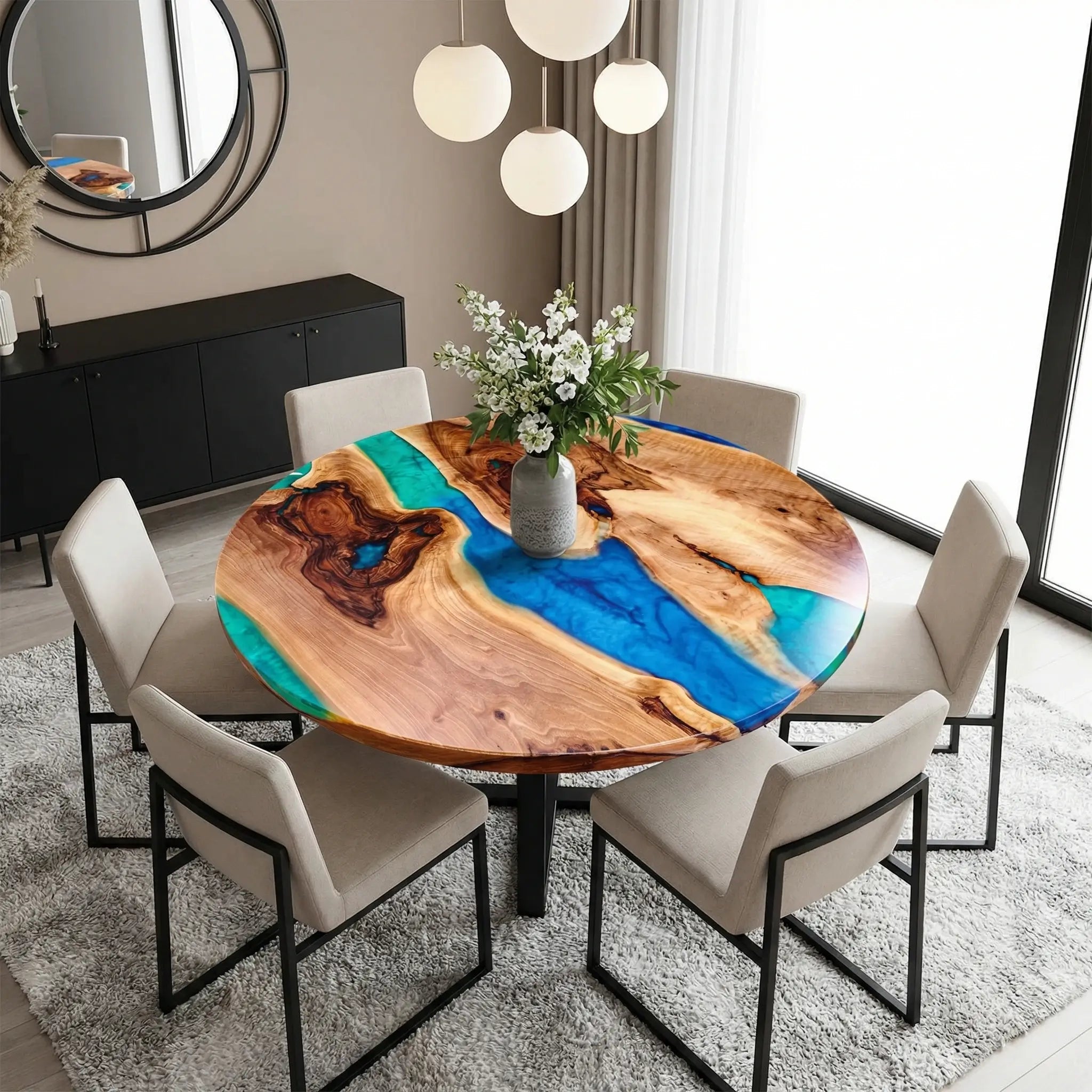 Custom Black Walnut Epoxy Resin Round Coffee Table Blue Green Waves