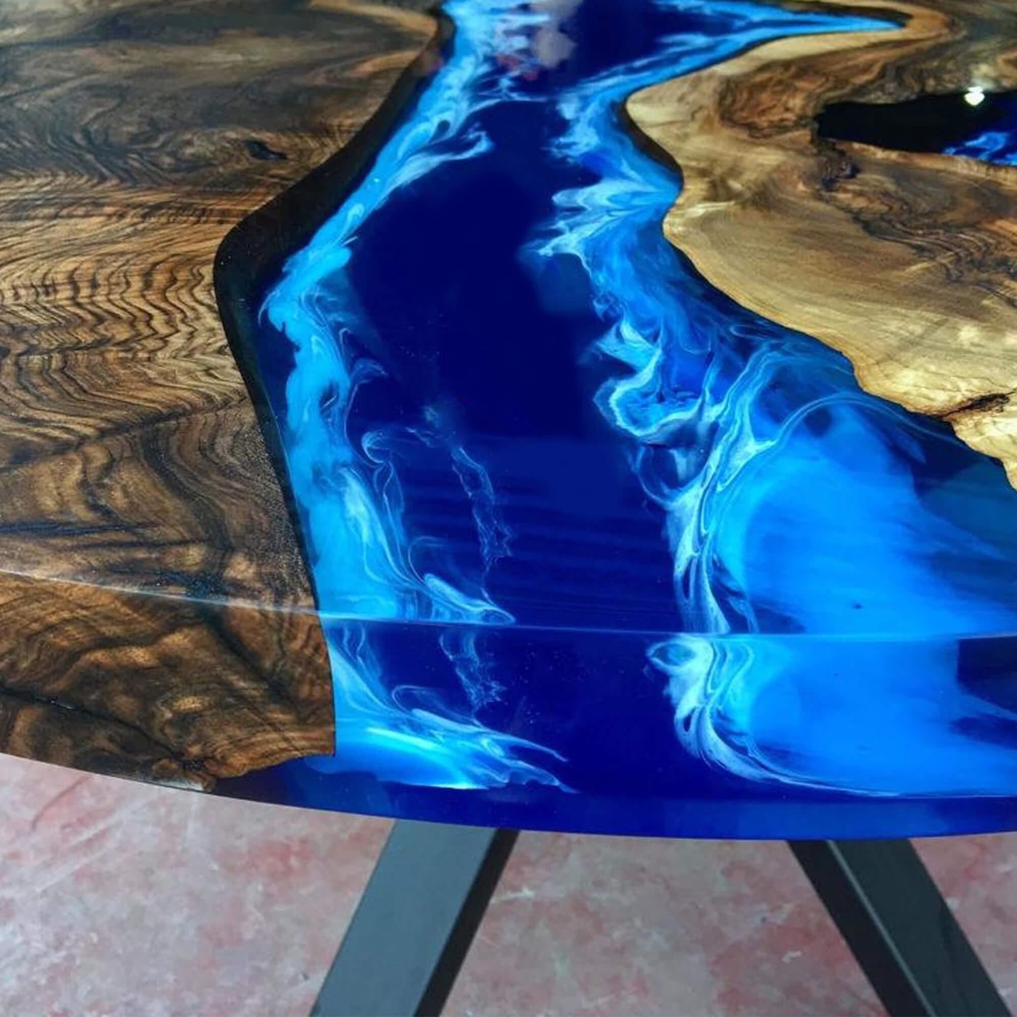 Custom Black Walnut Epoxy Resin Round Coffee Table Blue Resin