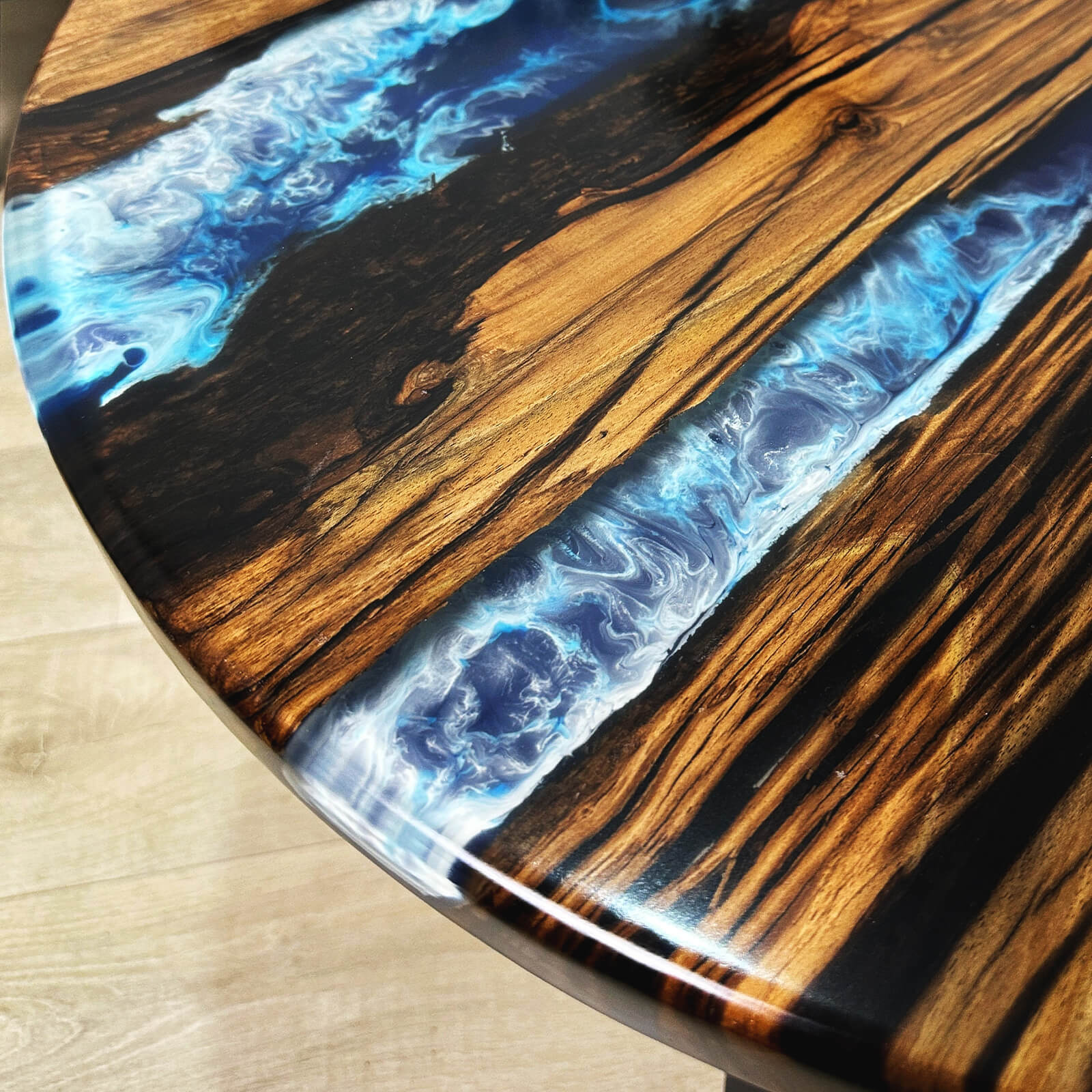 Custom Black Walnut Epoxy Resin Round Coffee Table Blue Resin