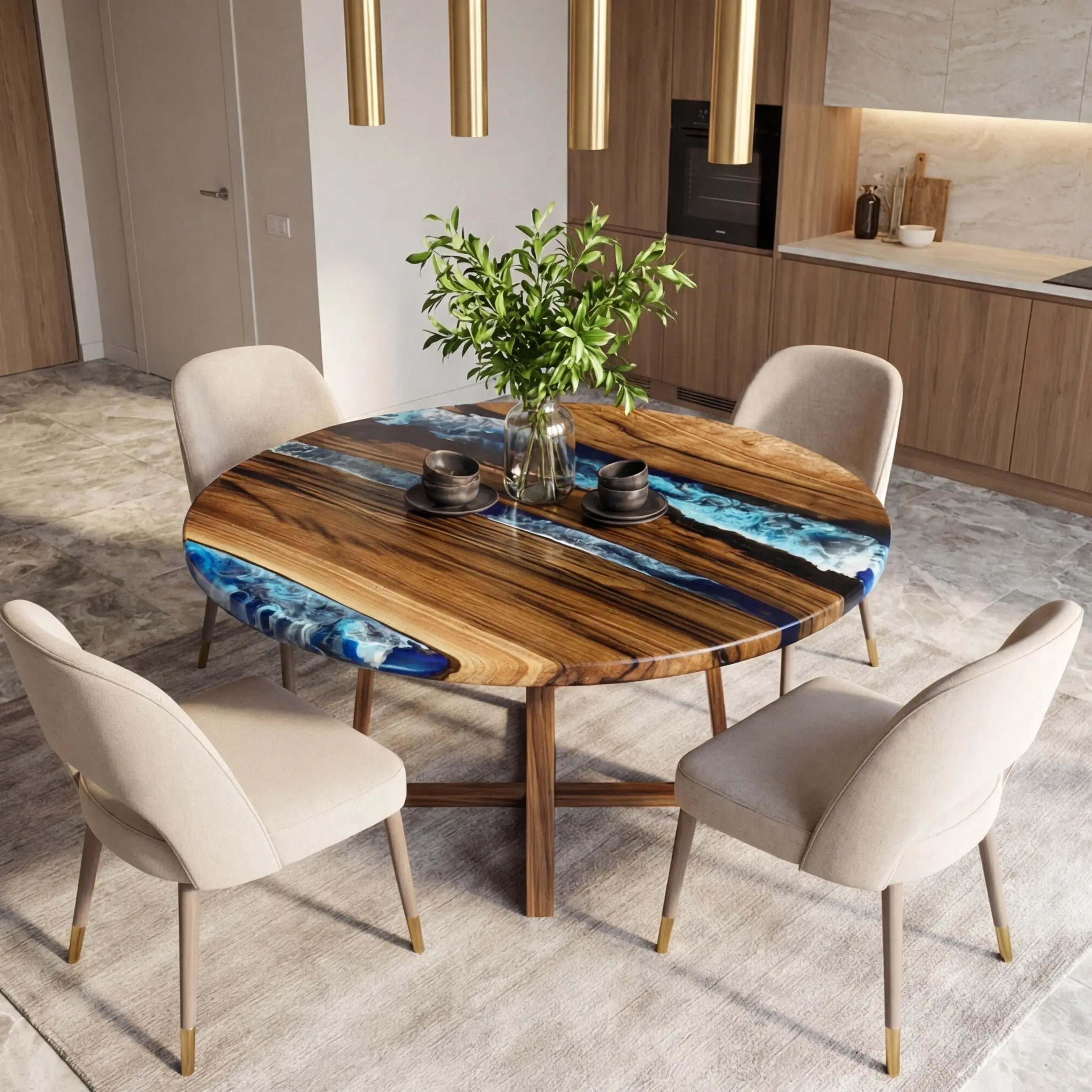 Custom Black Walnut Epoxy Resin Round Coffee Table Blue Resin