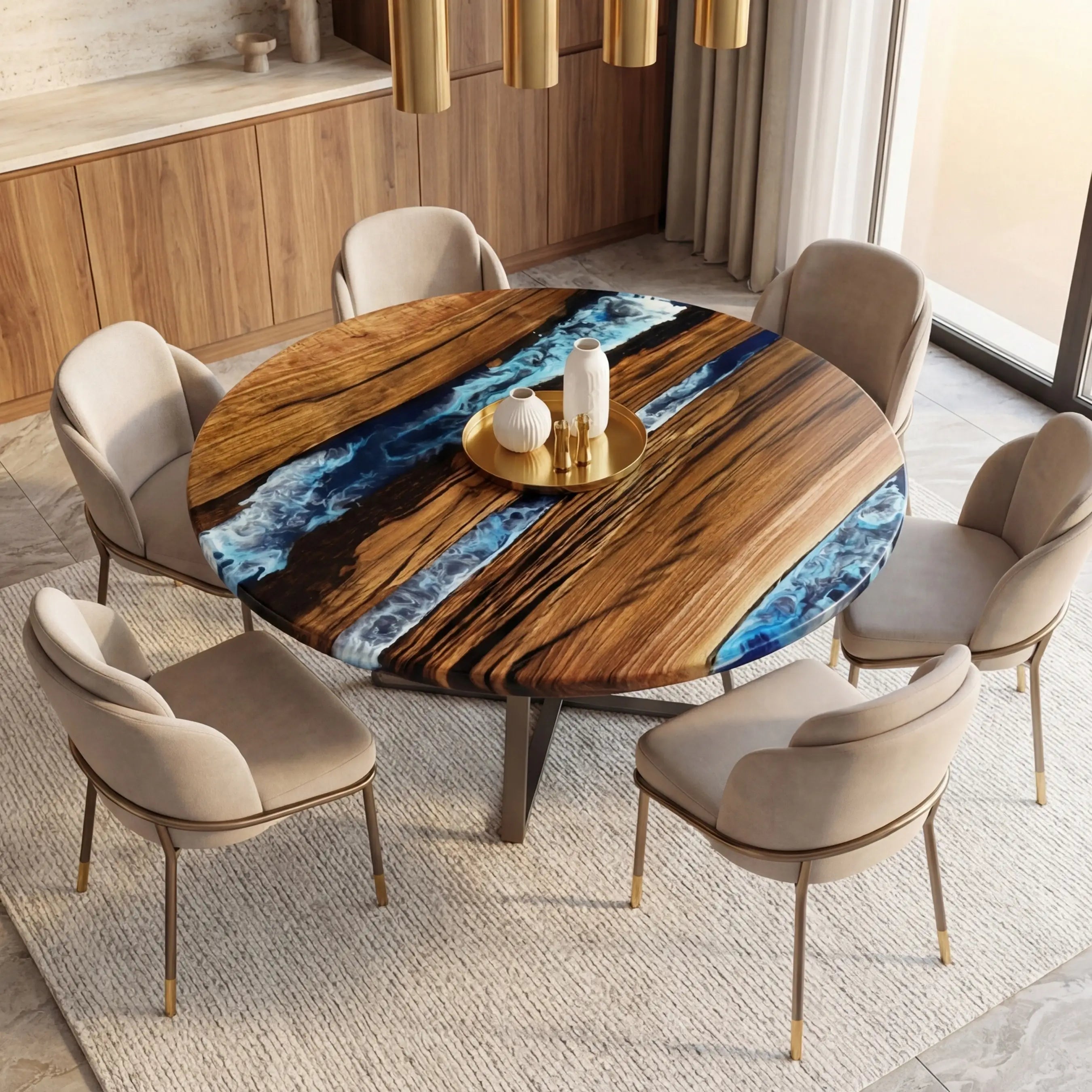 Custom Black Walnut Epoxy Resin Round Coffee Table Blue Resin