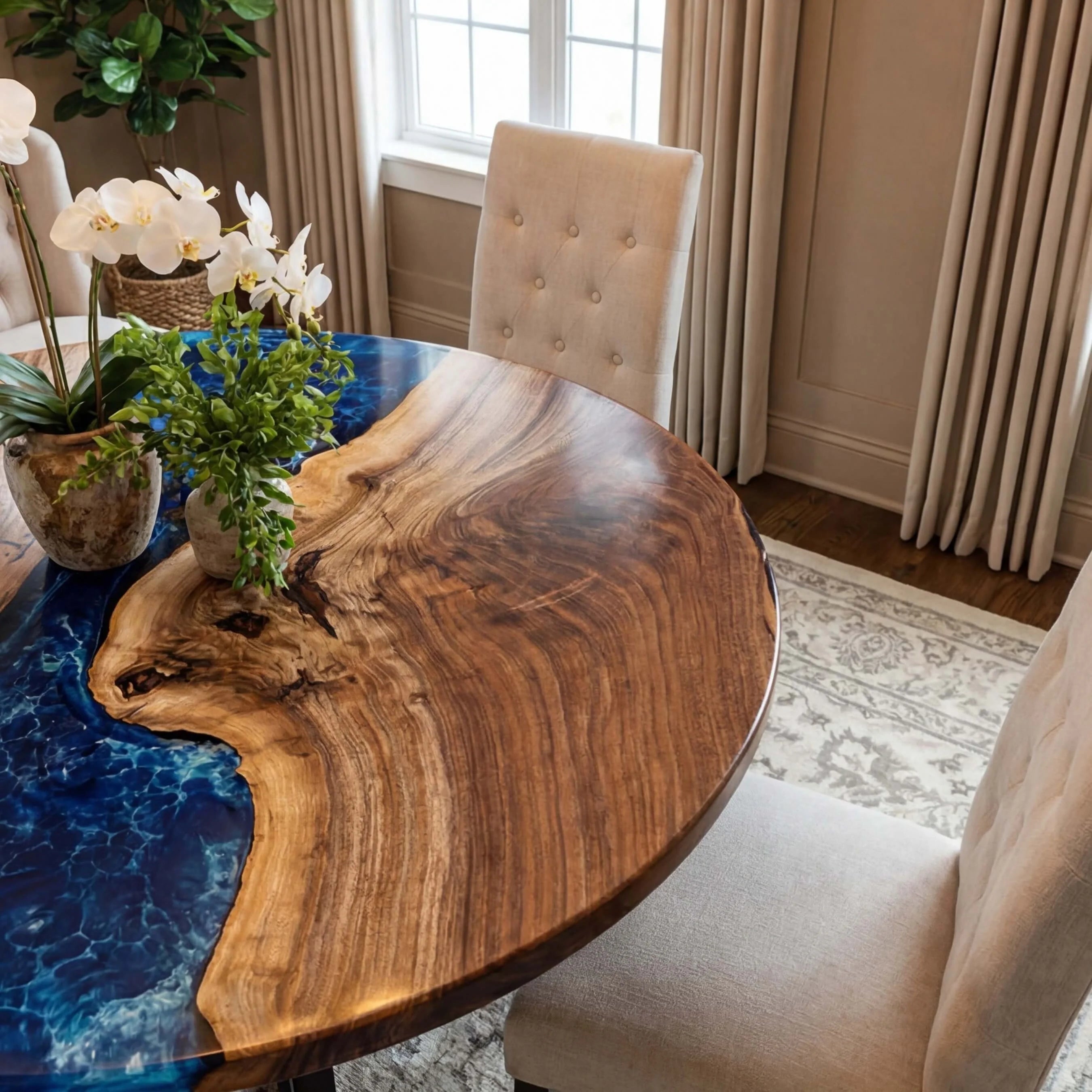 Custom Black Walnut Epoxy Resin Round Coffee Table Blue Resin