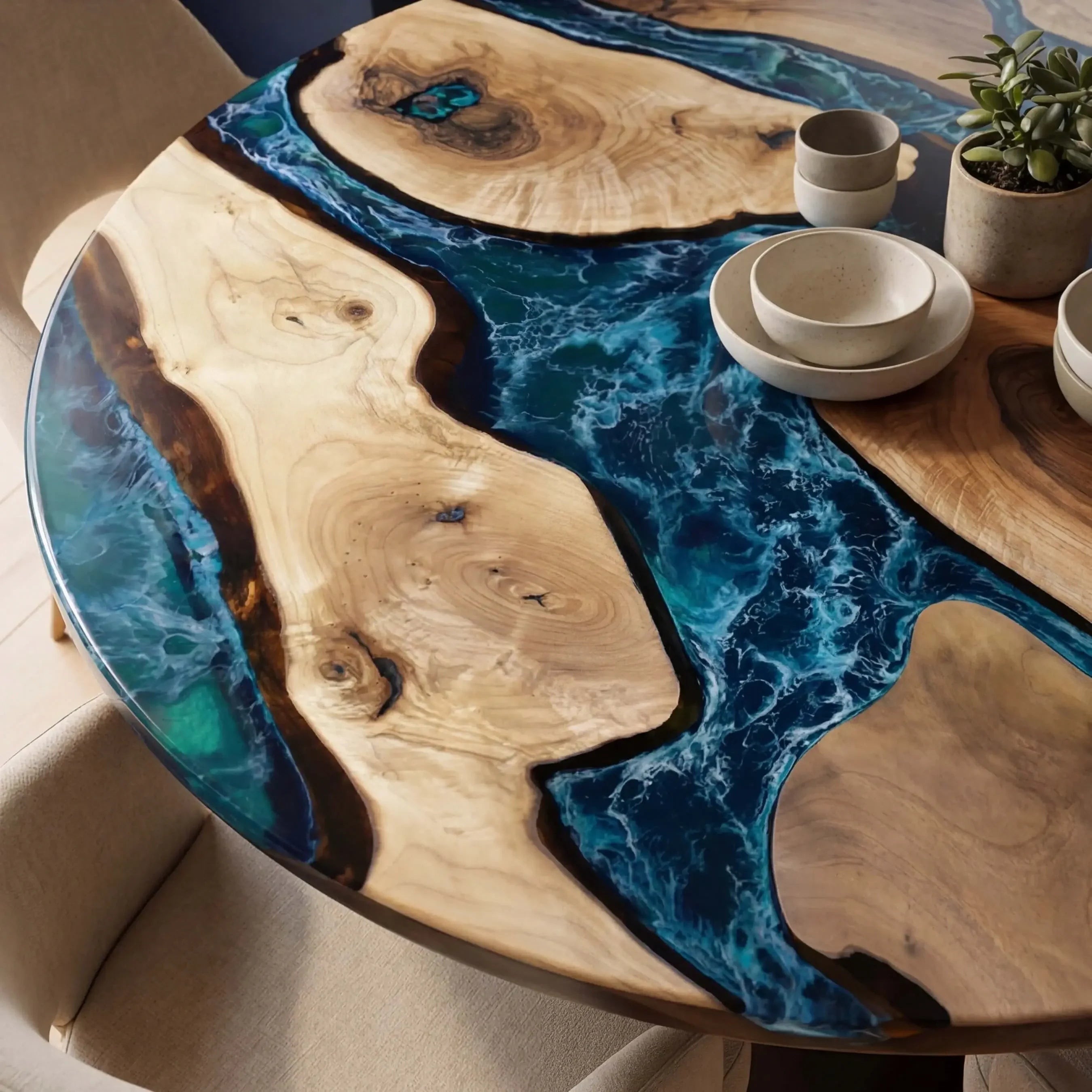 Custom Black Walnut Epoxy Resin Round Coffee Table Blue Resin