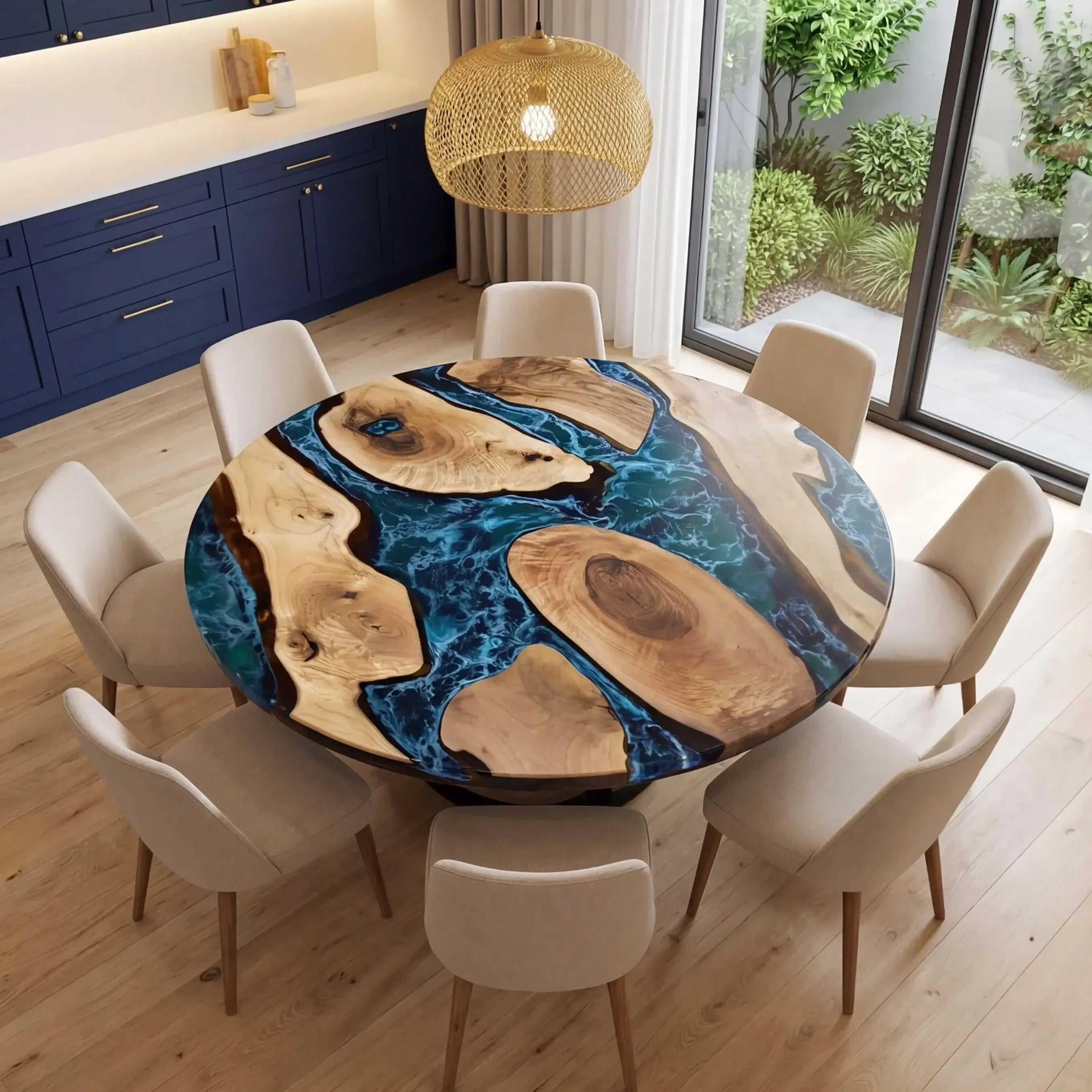 Custom Black Walnut Epoxy Resin Round Coffee Table Blue Resin