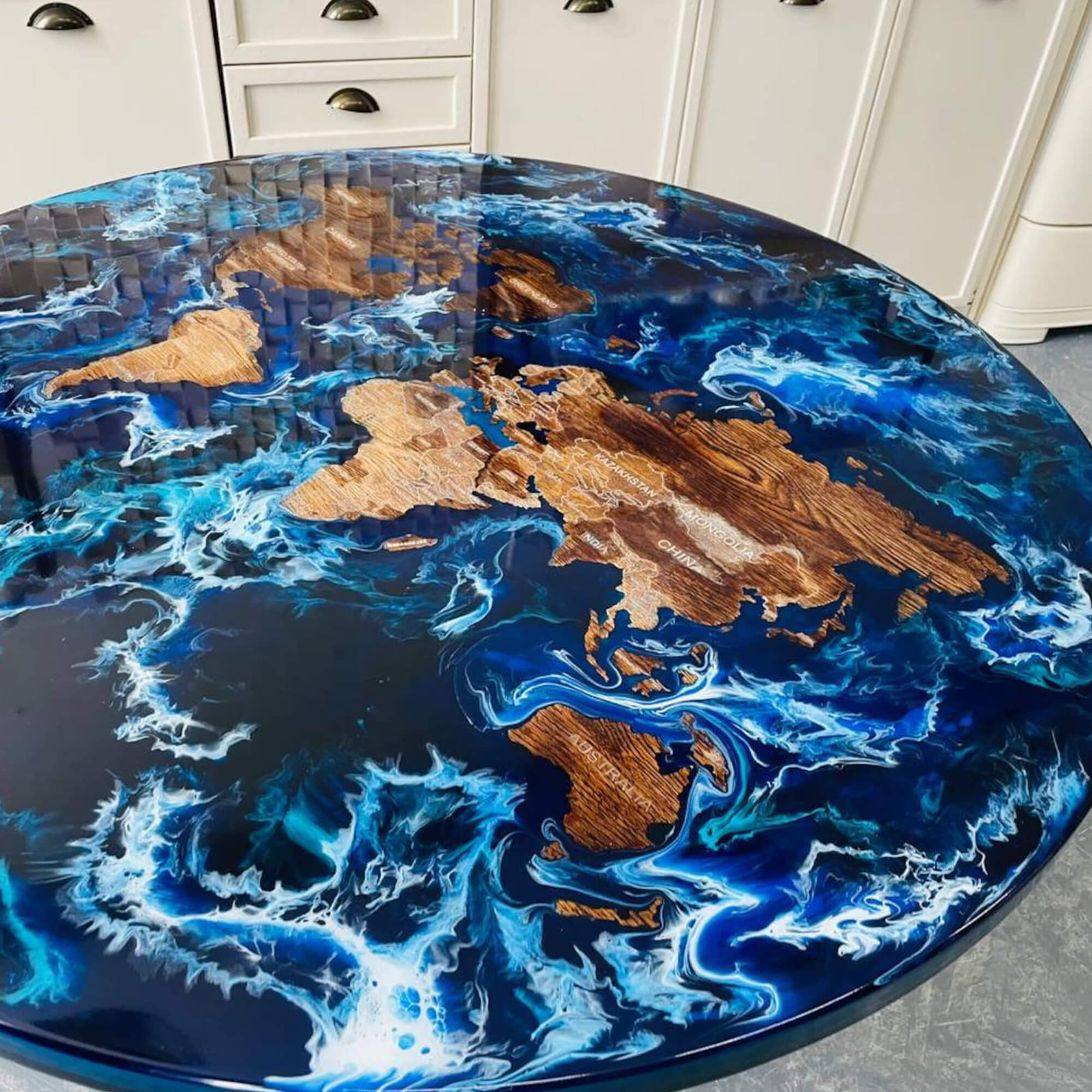 Custom Black Walnut Epoxy Resin Round Coffee Table Blue Waves