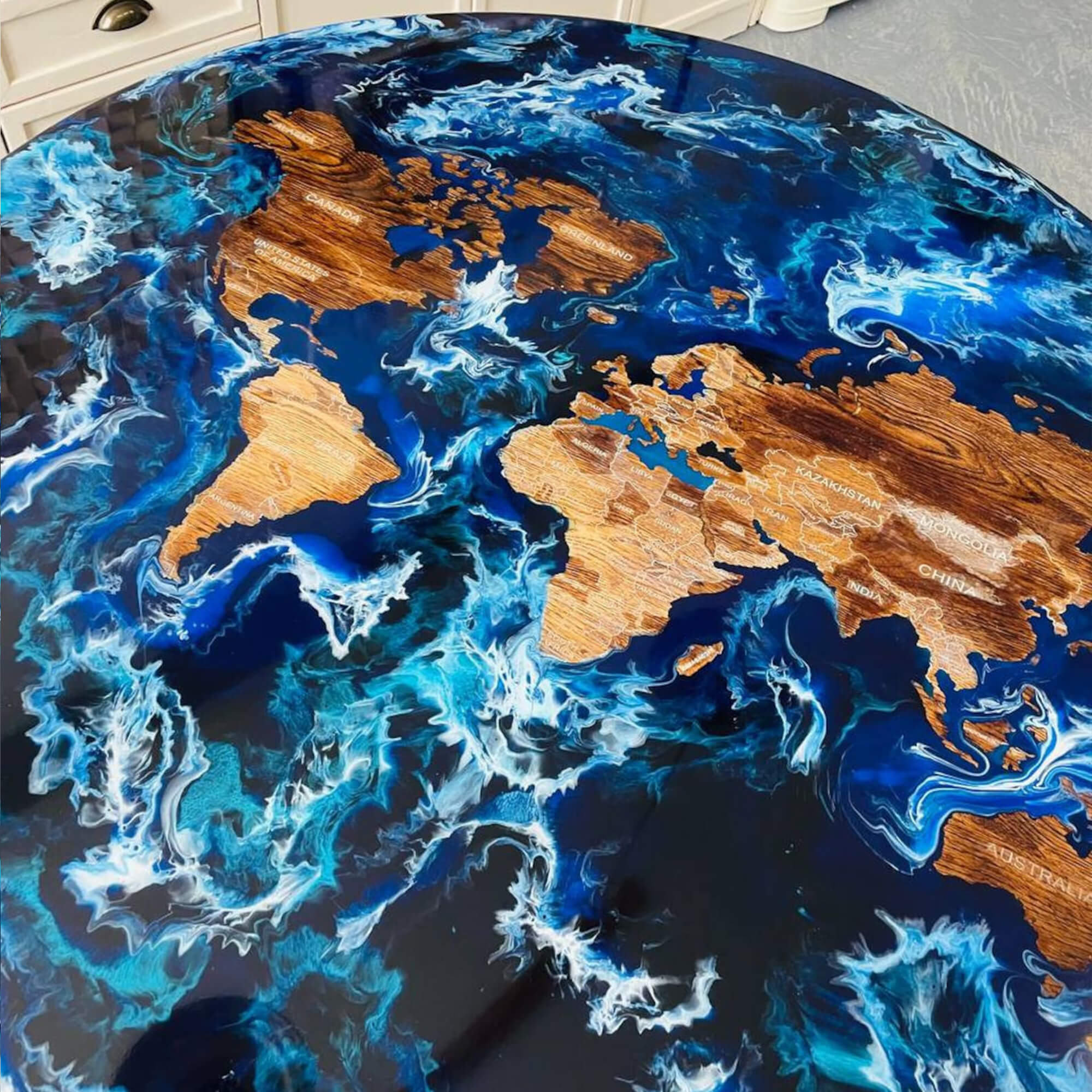 Custom Black Walnut Epoxy Resin Round Coffee Table Blue Waves