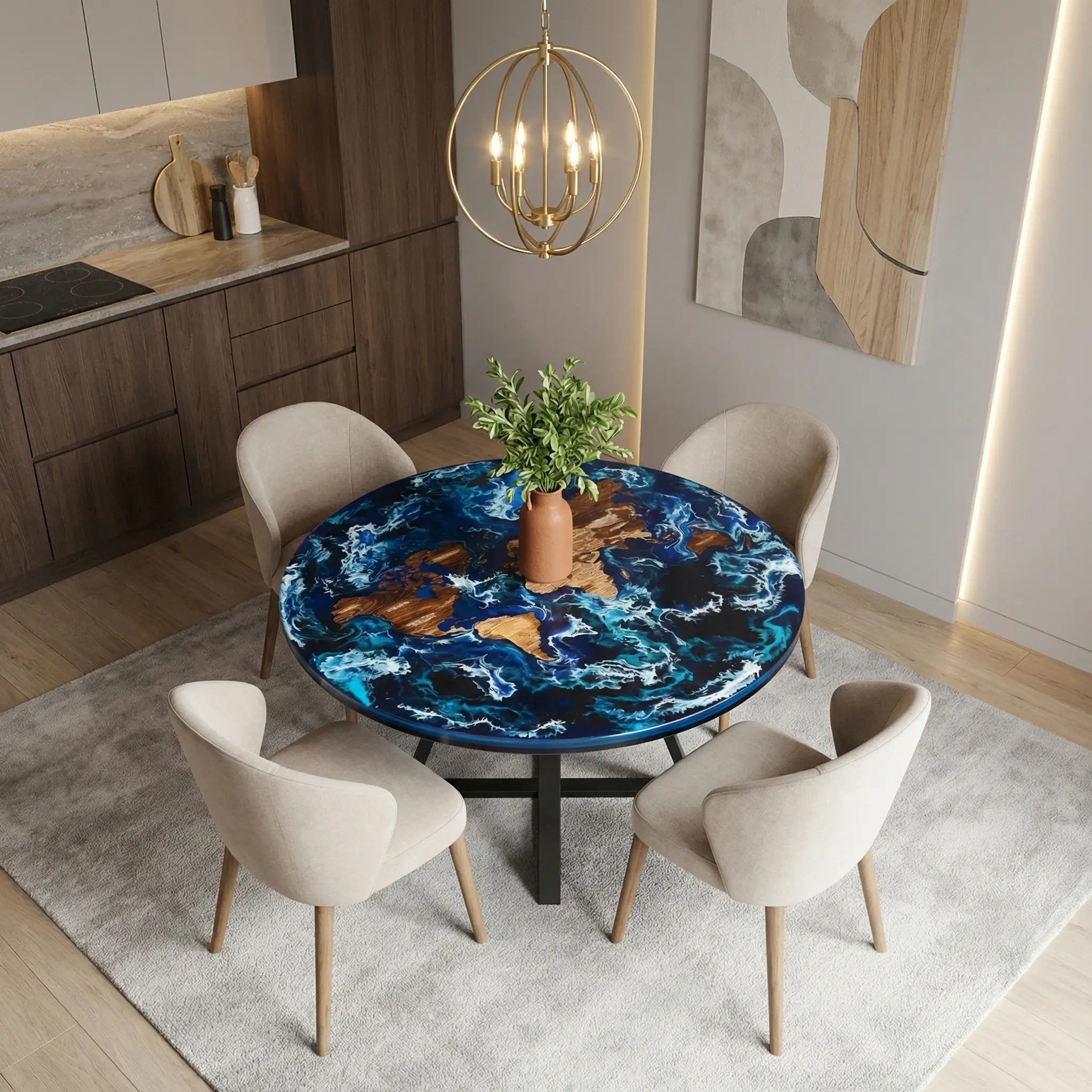 Custom Black Walnut Epoxy Resin Round Coffee Table Blue Waves