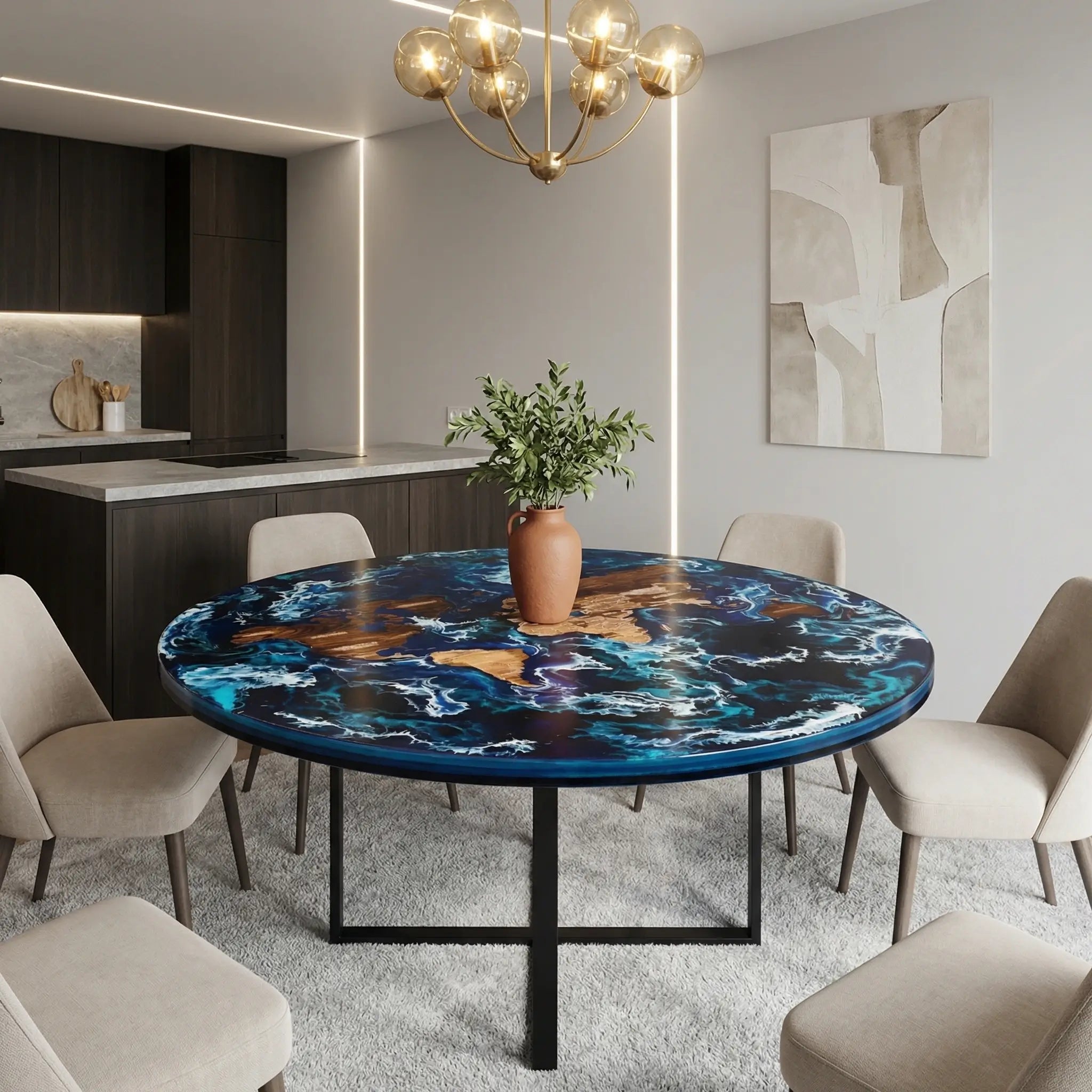 Custom Black Walnut Epoxy Resin Round Coffee Table Blue Waves