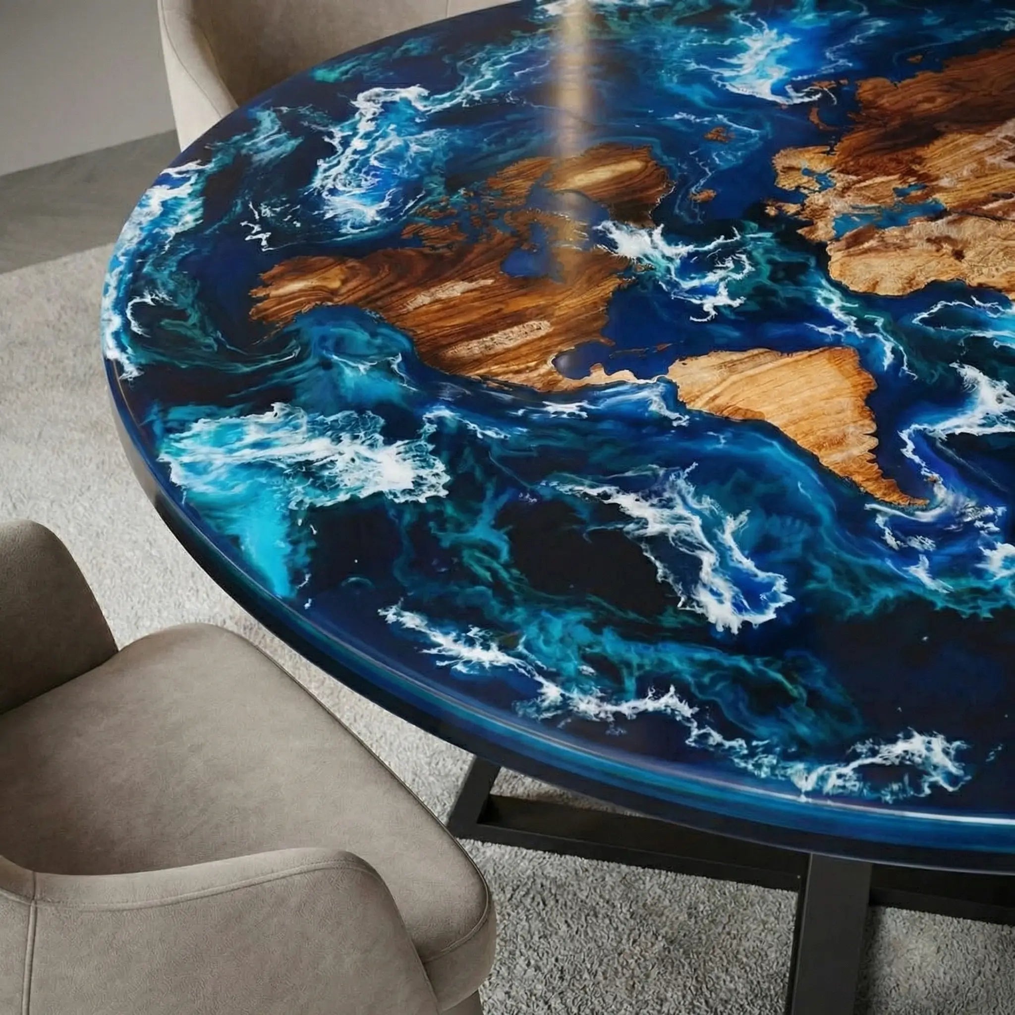 Custom Black Walnut Epoxy Resin Round Coffee Table Blue Waves