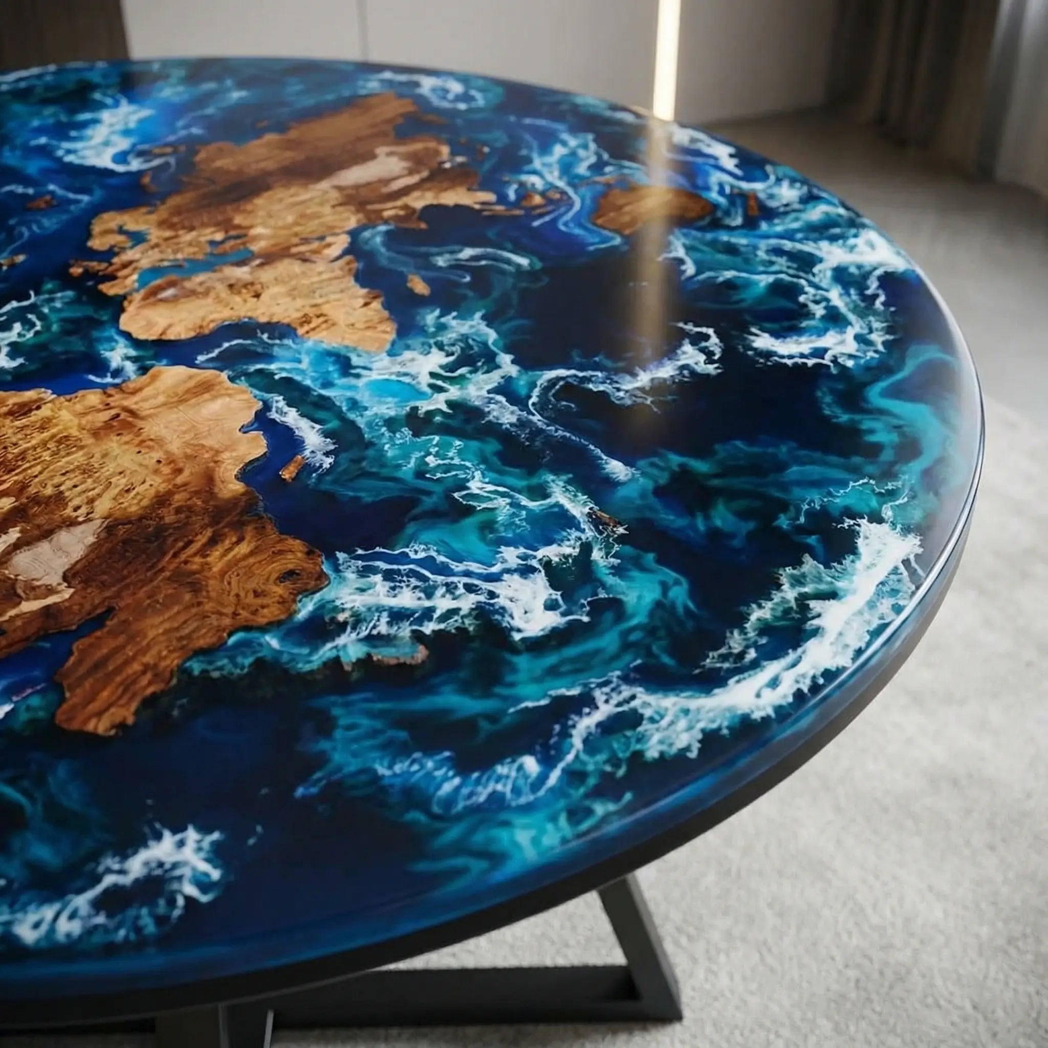 Custom Black Walnut Epoxy Resin Round Coffee Table Blue Waves