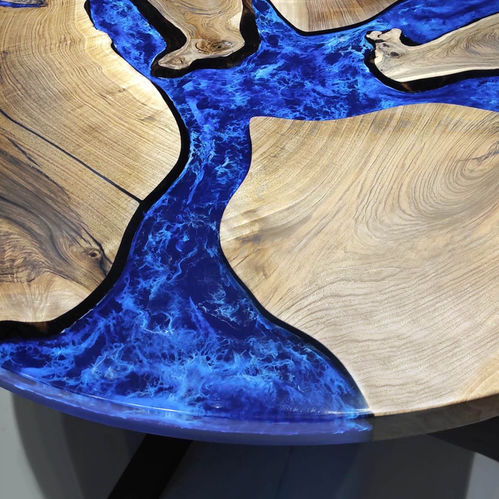Custom Black Walnut Epoxy Resin Round Coffee Table Blue Waves