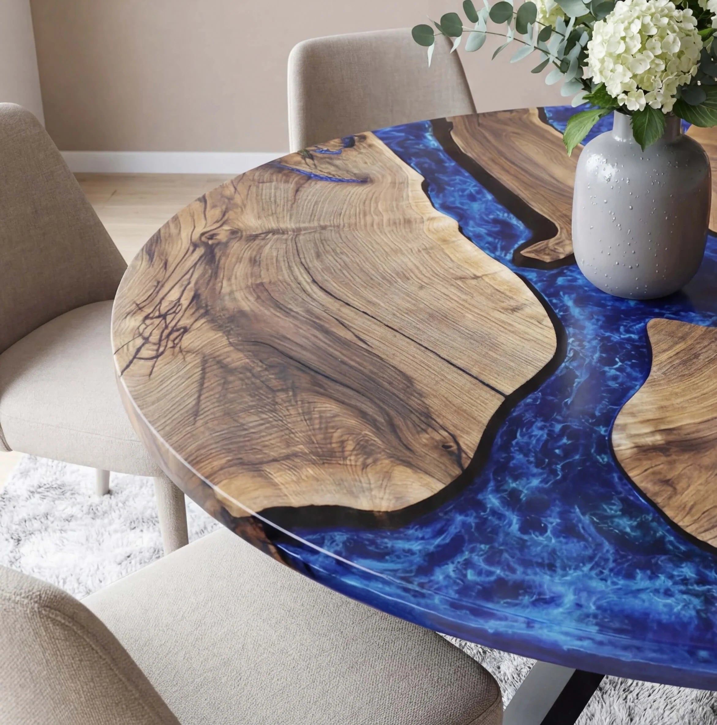 Custom Black Walnut Epoxy Resin Round Coffee Table Blue Waves