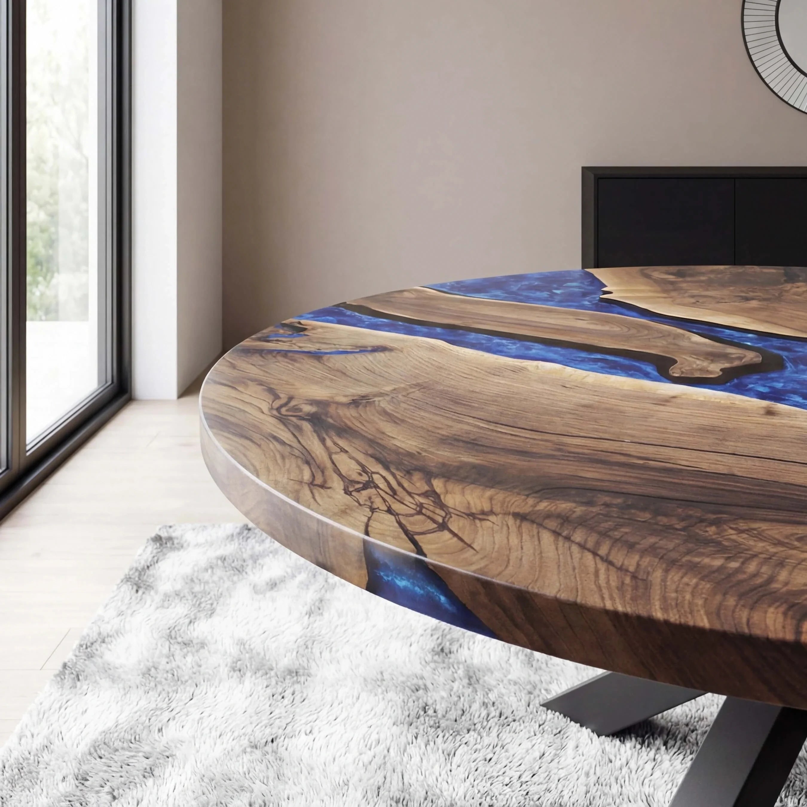 Custom Black Walnut Epoxy Resin Round Coffee Table Blue Waves