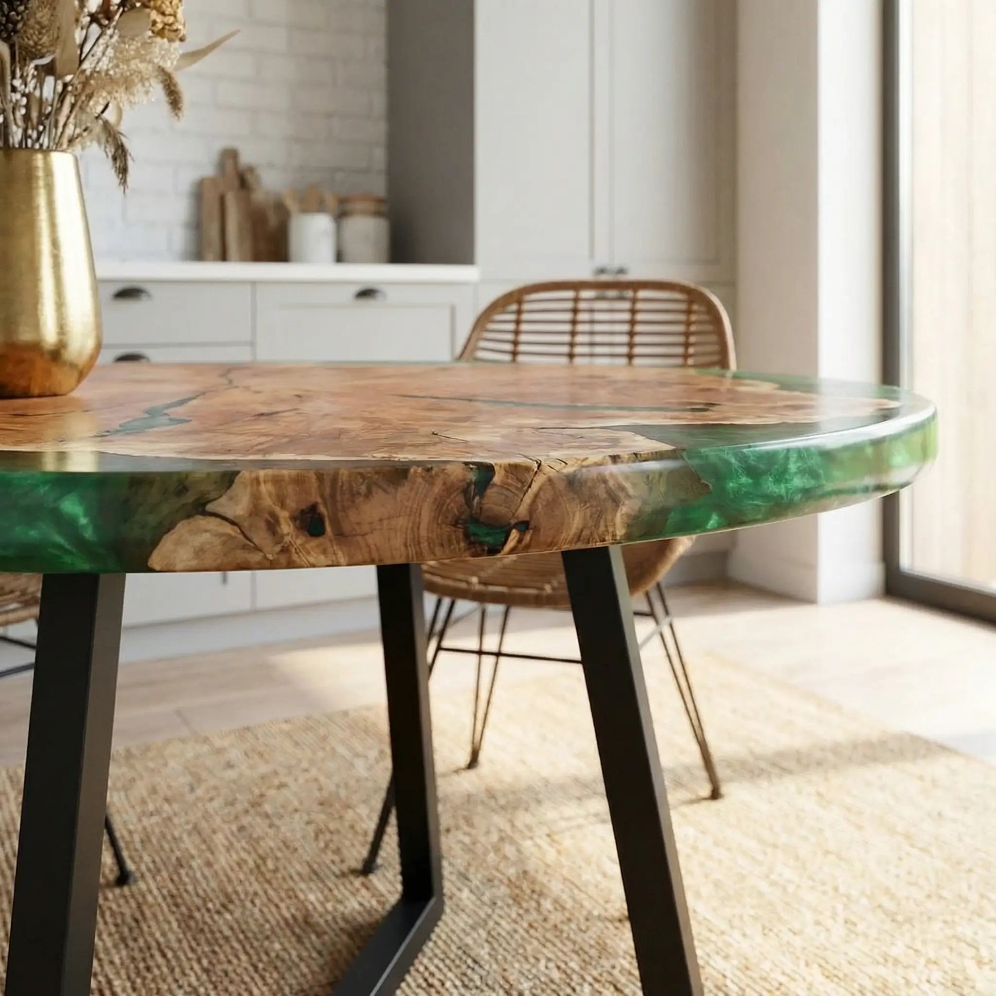 Custom Black Walnut Epoxy Resin Round Coffee Table Green Resin