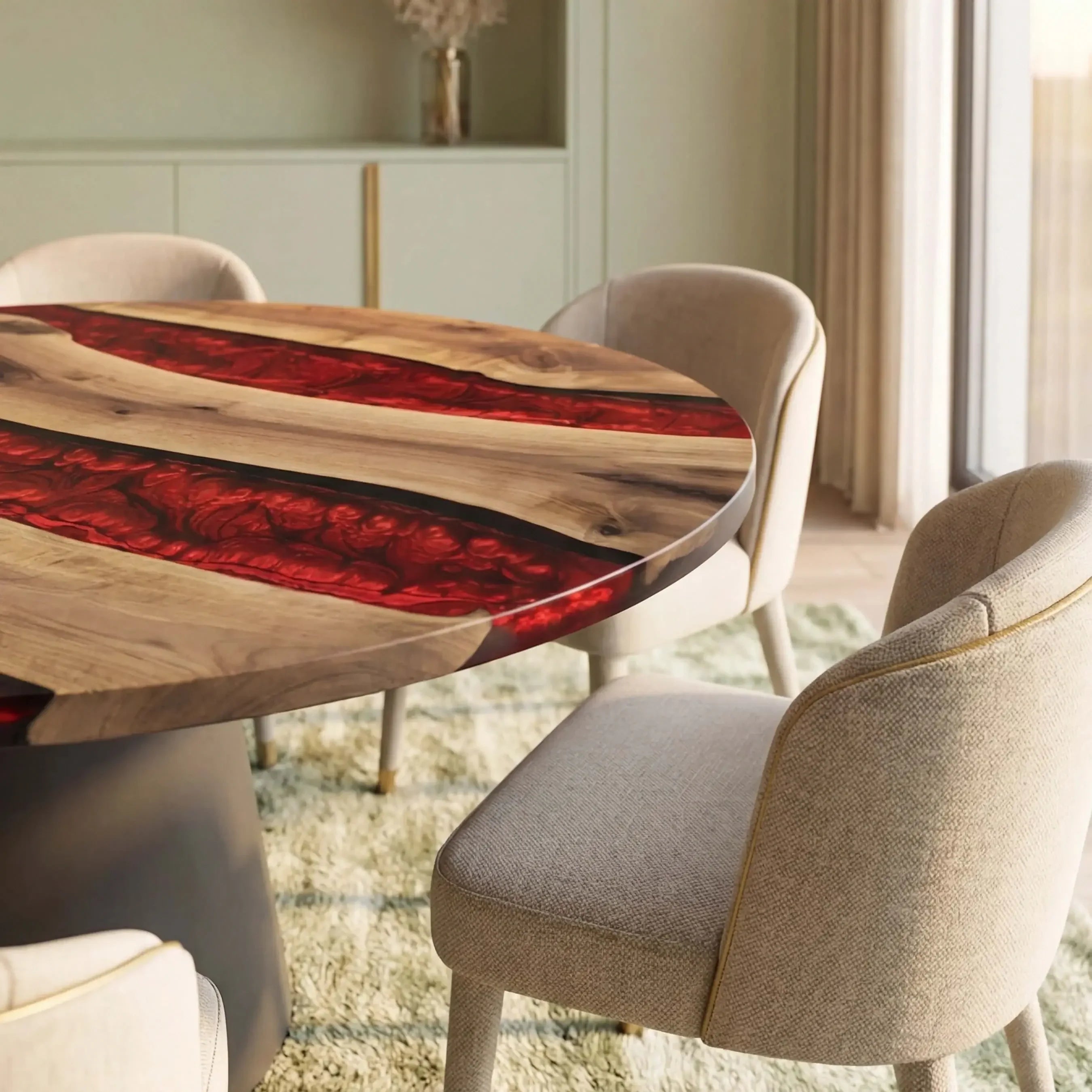 Custom Black Walnut Epoxy Resin Round Coffee Table Red Resin