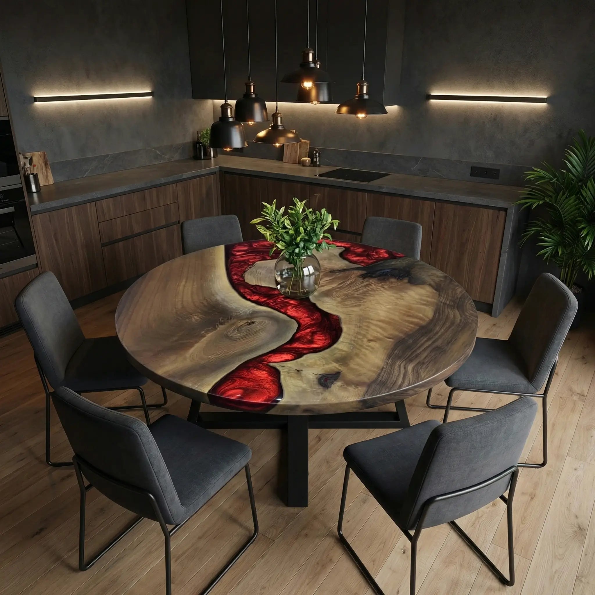 Custom Black Walnut Epoxy Resin Round Coffee Table Red Resin