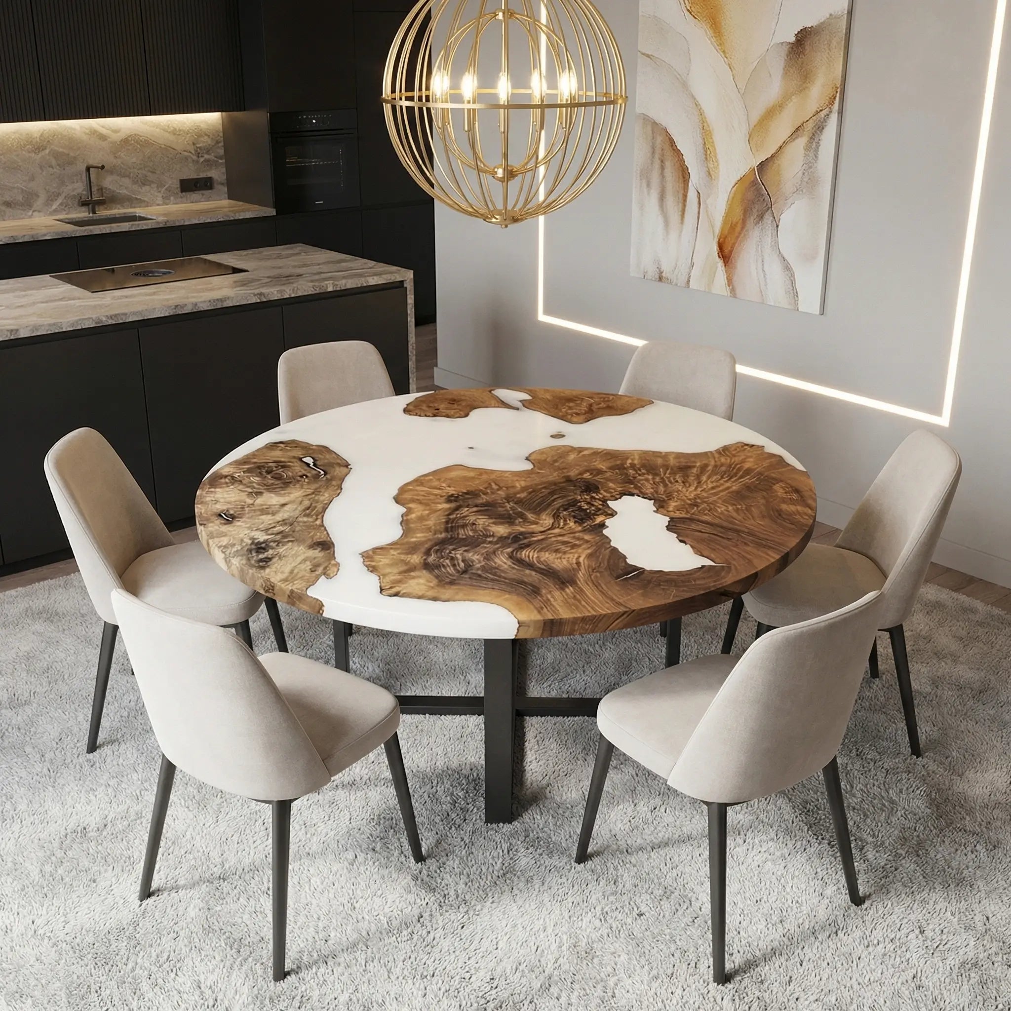 Custom Black Walnut Epoxy Resin Round Coffee Table White Resin