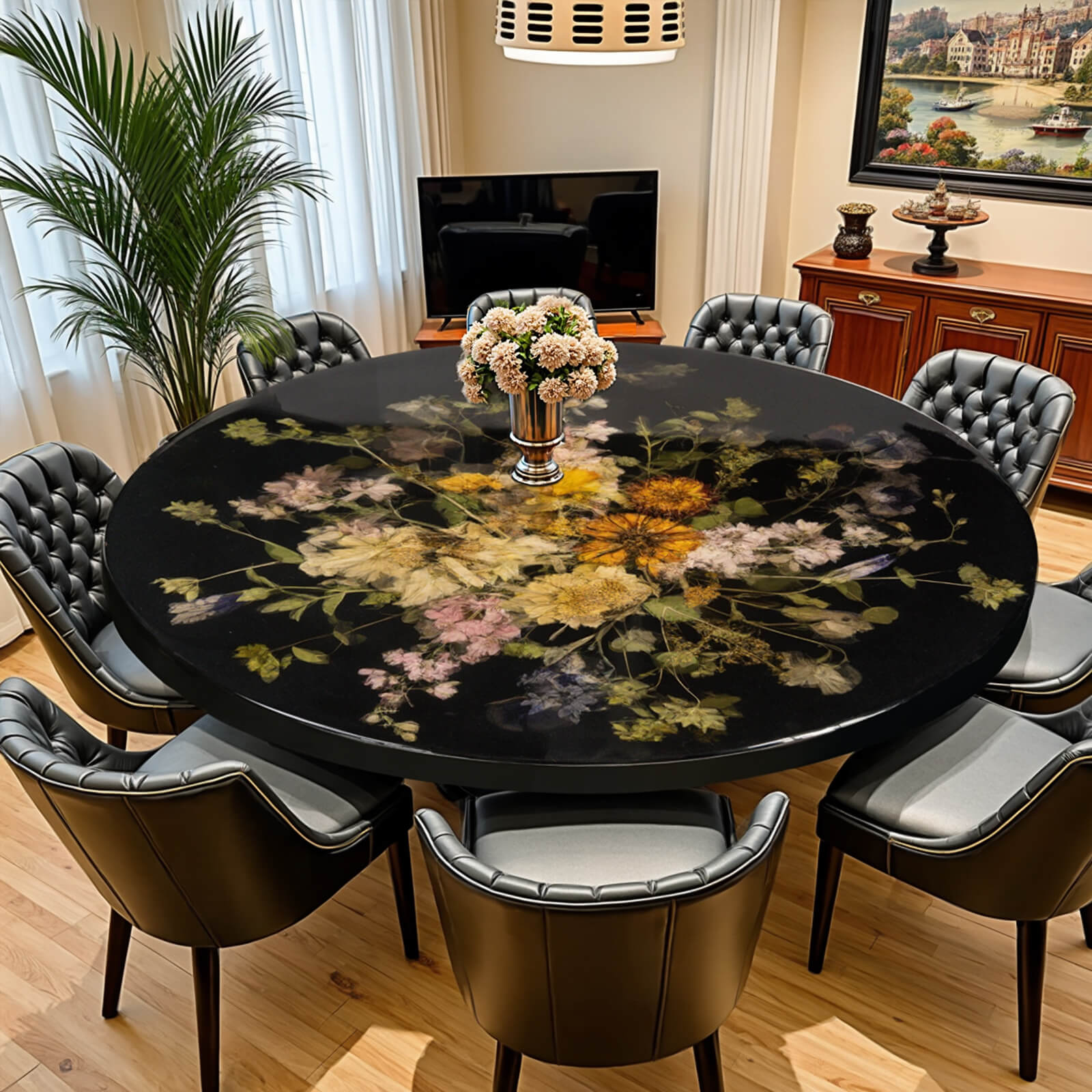 Custom Epoxy Resin Round Flower Coffee Table Black Resin