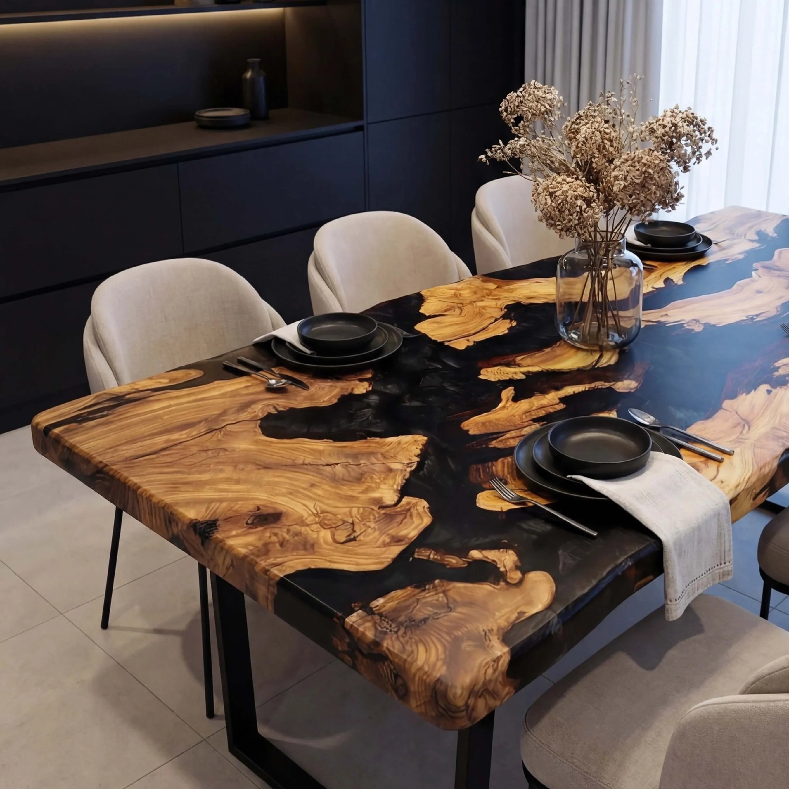 Custom Olive Epoxy Resin River Table Black Pearl RRT-45 - image 3 | ThawHome