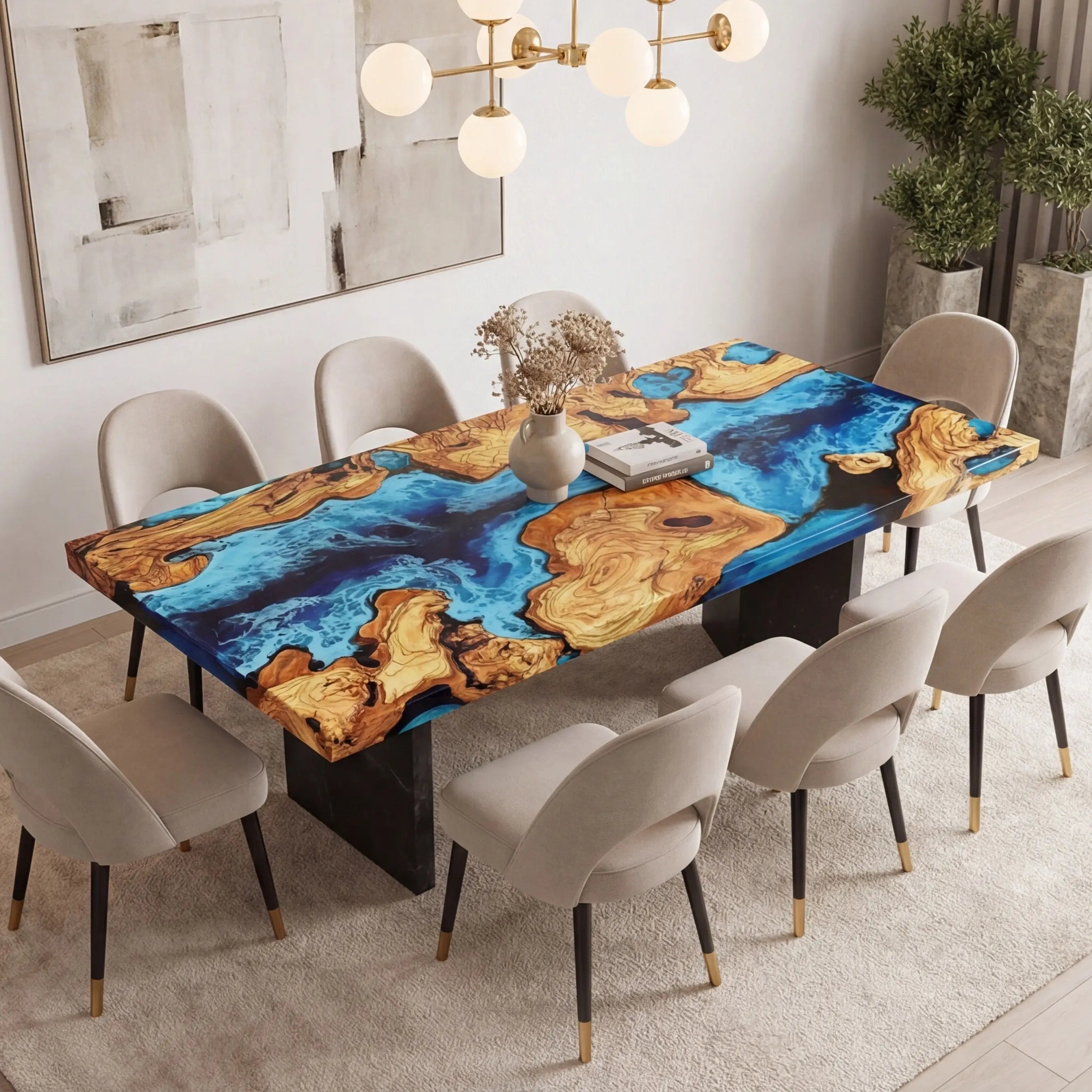 Custom Olive Epoxy Resin River Table Blue Waves ERT-38 - image 1 | ThawHome