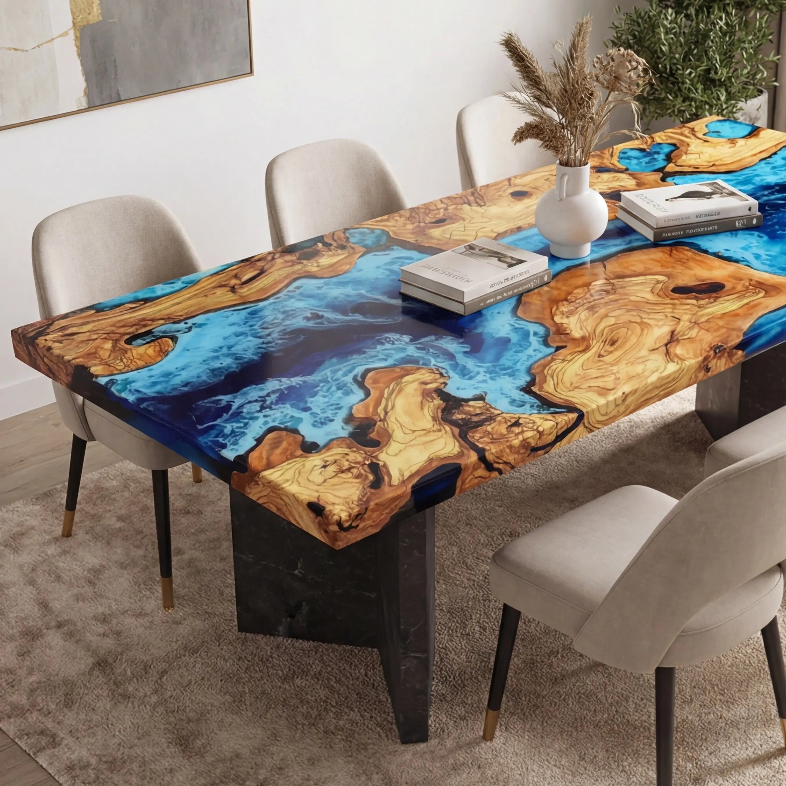 Custom Olive Epoxy Resin River Table Blue Waves ERT-38 - image 3 | ThawHome