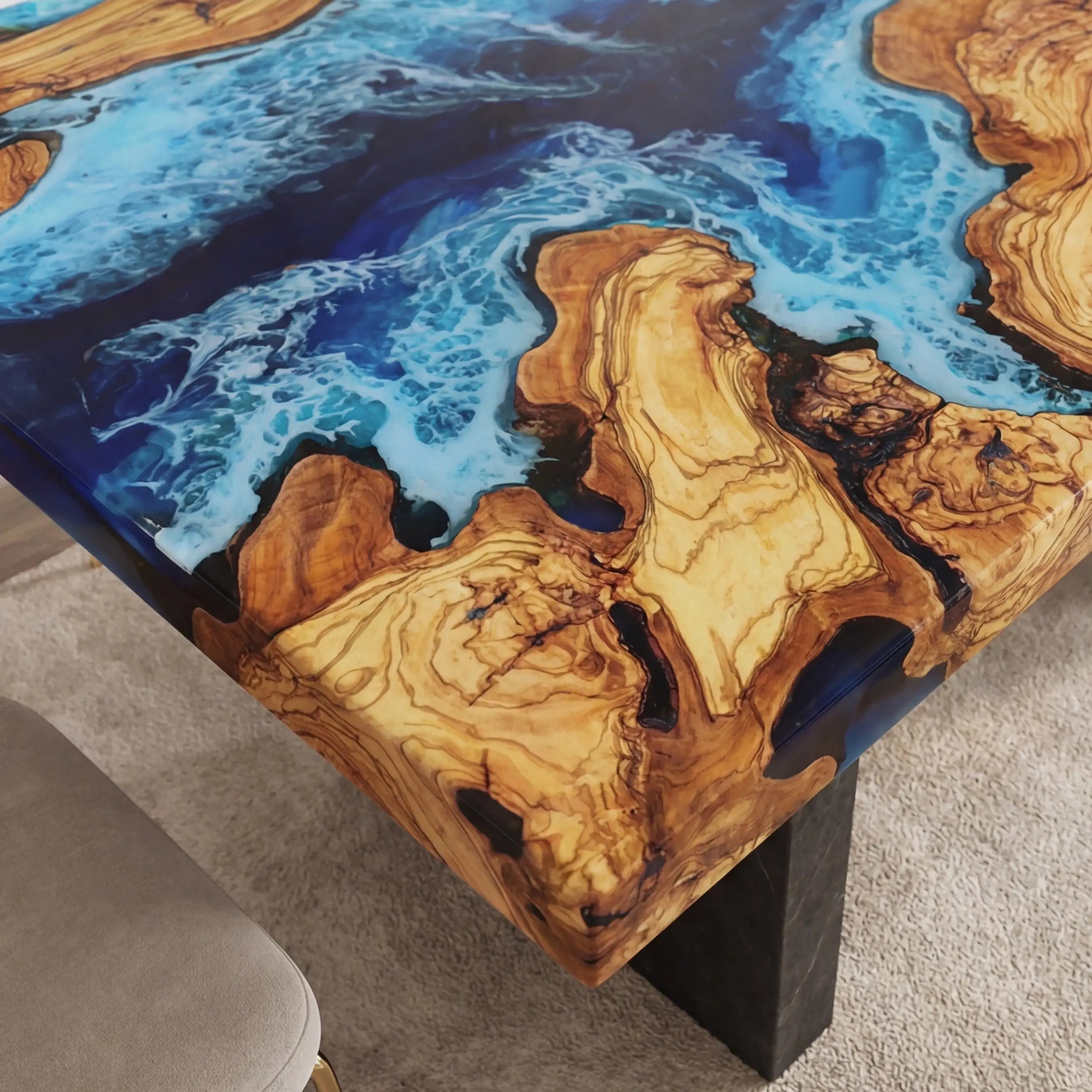 Custom Olive Epoxy Resin River Table Blue Waves ERT-38 - image 5 | ThawHome