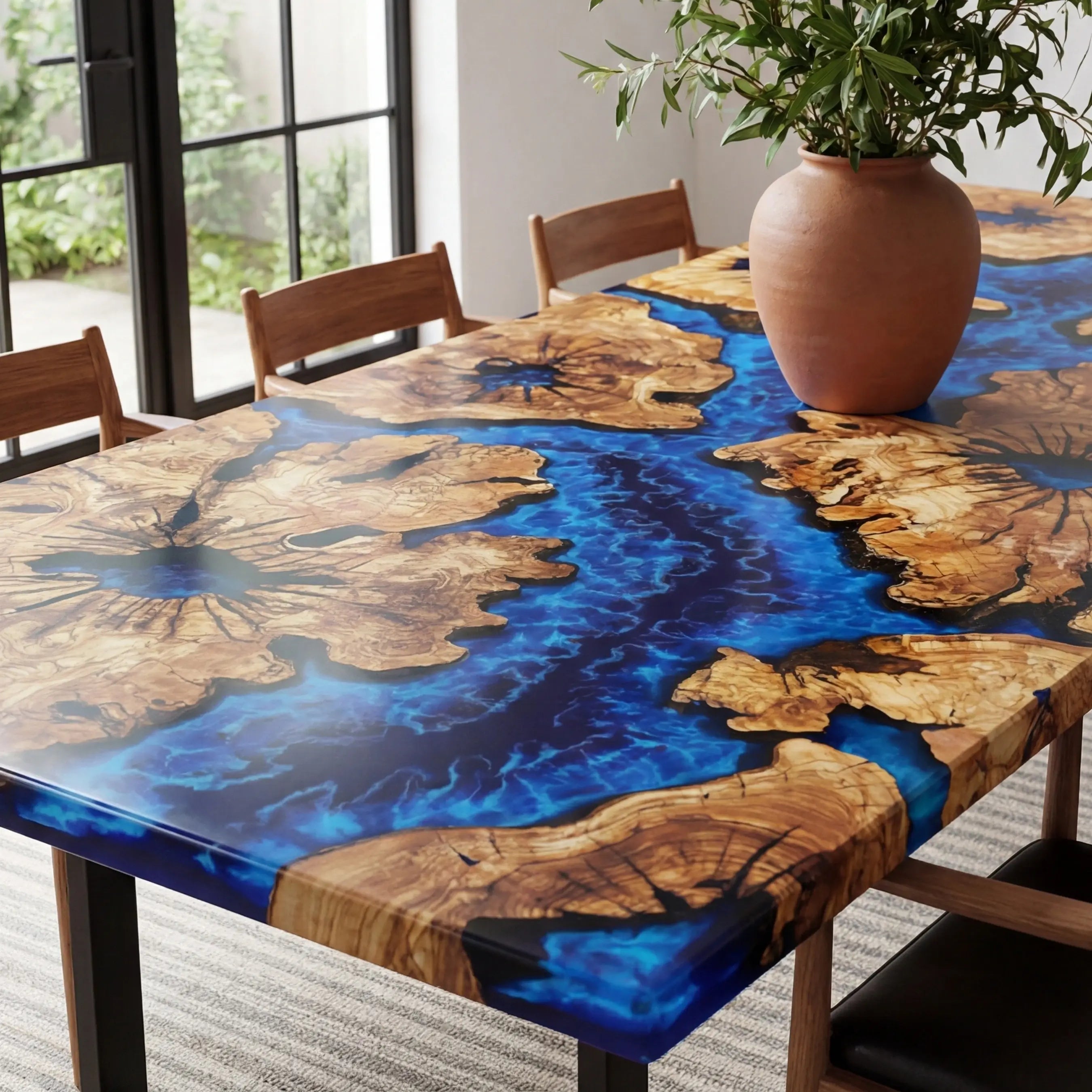 Custom Olive Epoxy Resin River Table Blue Waves ERT-56 - image 5 | ThawHome