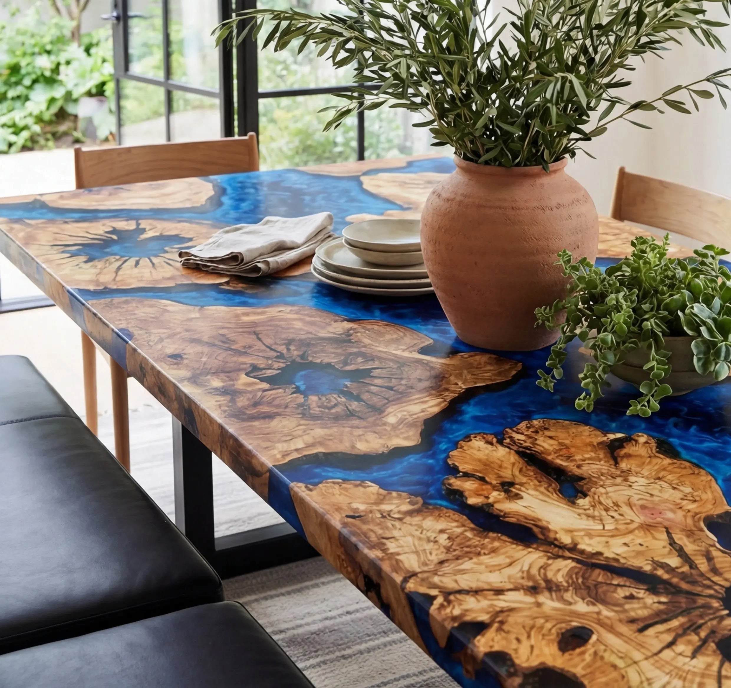 Custom Olive Epoxy Resin River Table Blue Waves ERT-56 - image 2 | ThawHome