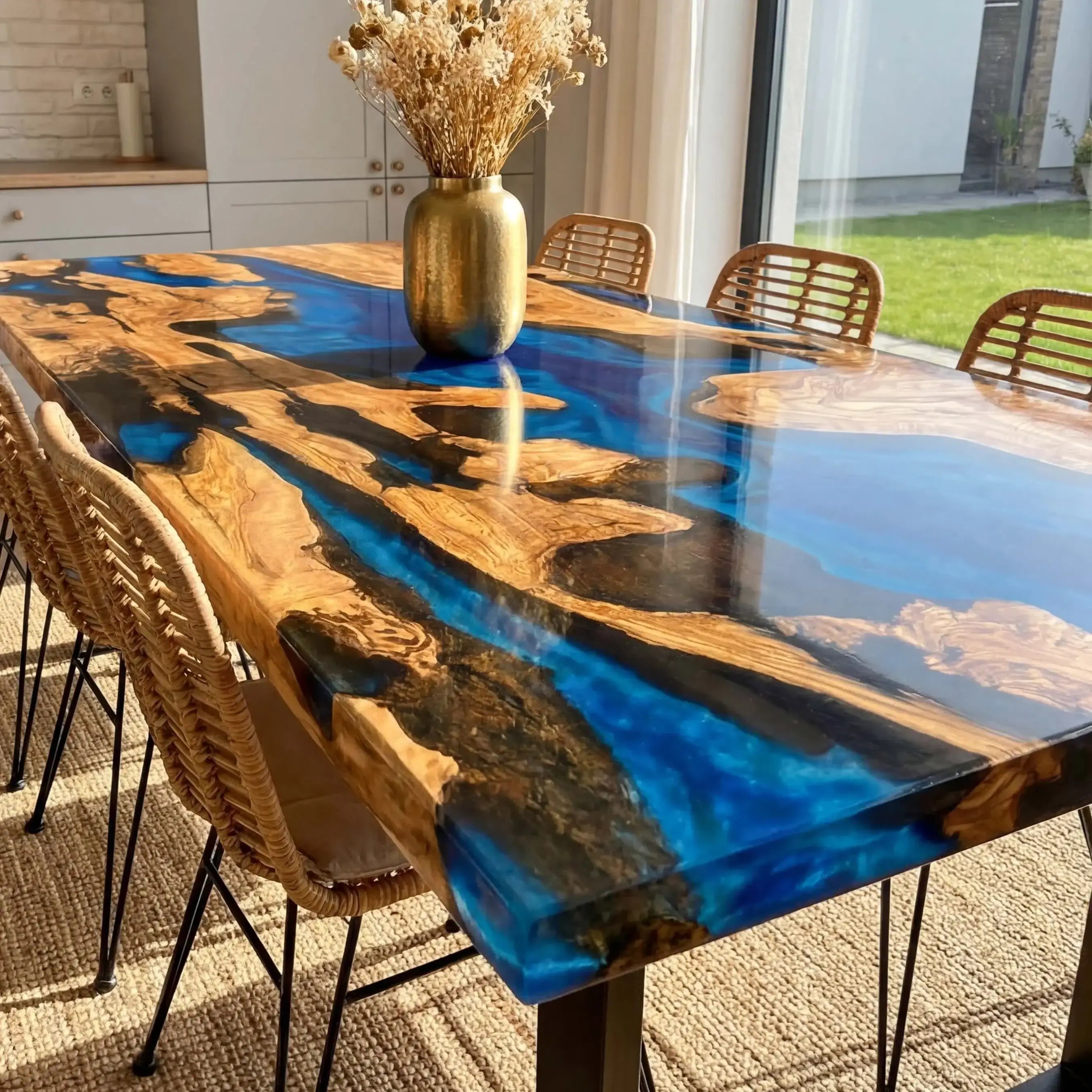 Custom Olive Epoxy Resin River Table Blue Waves RXT-82 - image 3 | ThawHome
