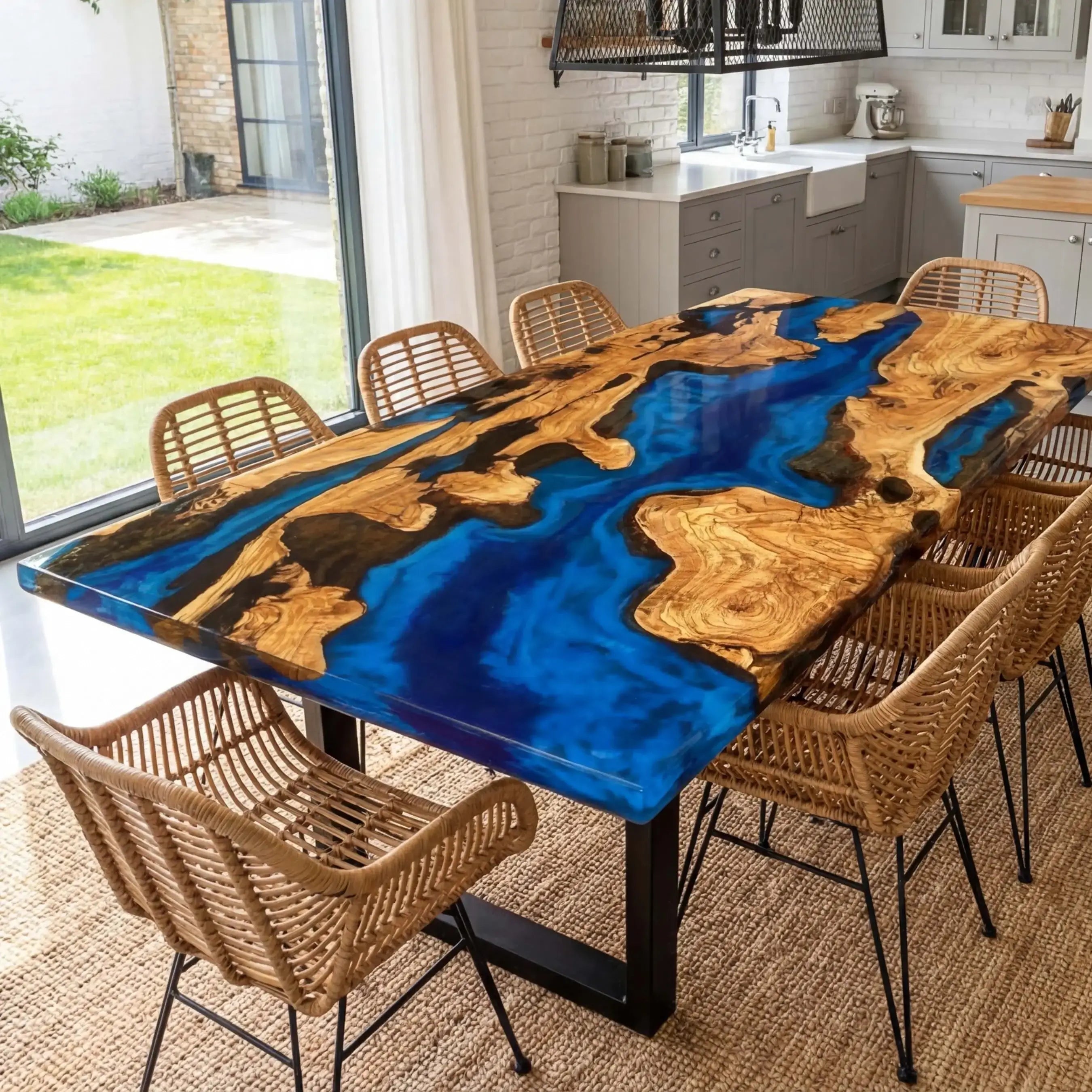 Custom Olive Epoxy Resin River Table Blue Waves RXT-82 - image 2 | ThawHome