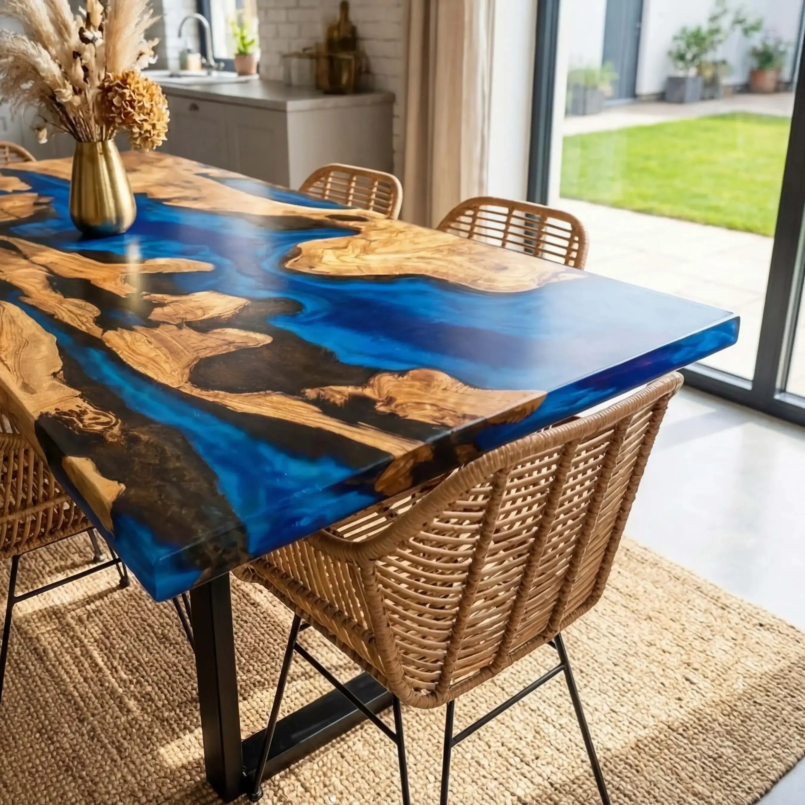 Custom Olive Epoxy Resin River Table Blue Waves RXT-82 - image 4 | ThawHome