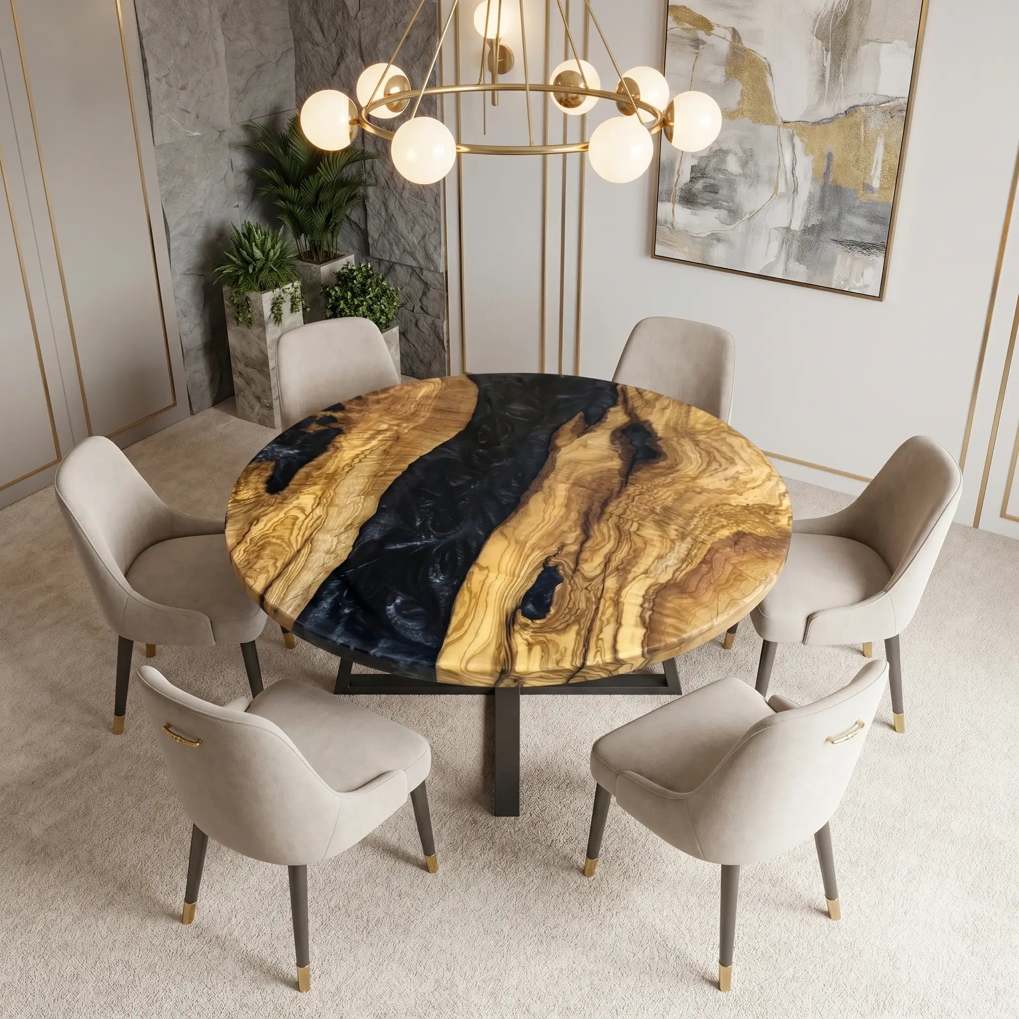 Custom Olive Epoxy Resin Round Coffee Table Black Resin