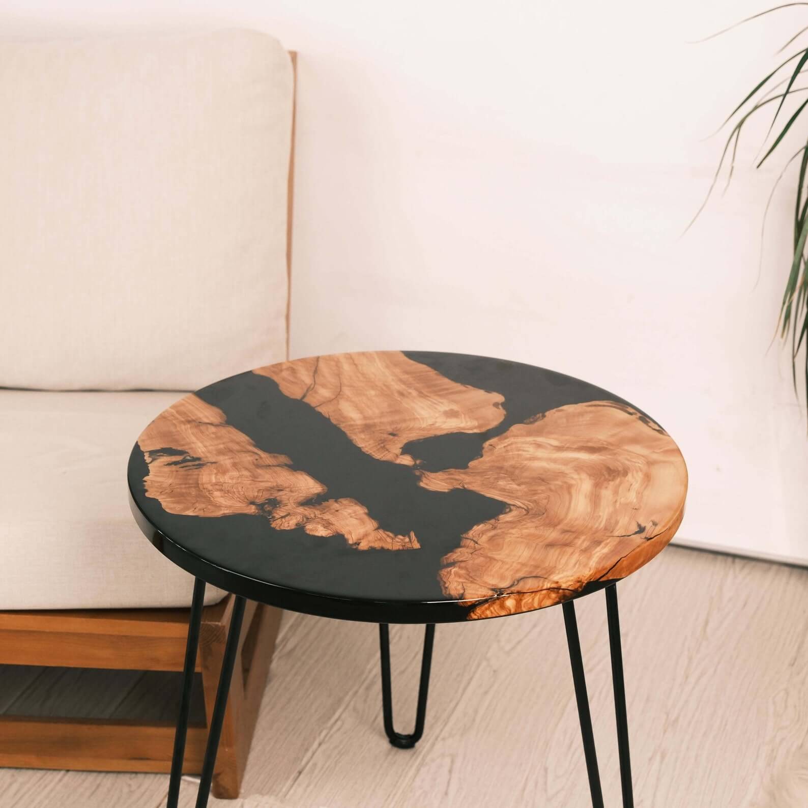 Custom Olive Epoxy Resin Round Coffee Table Black Resin