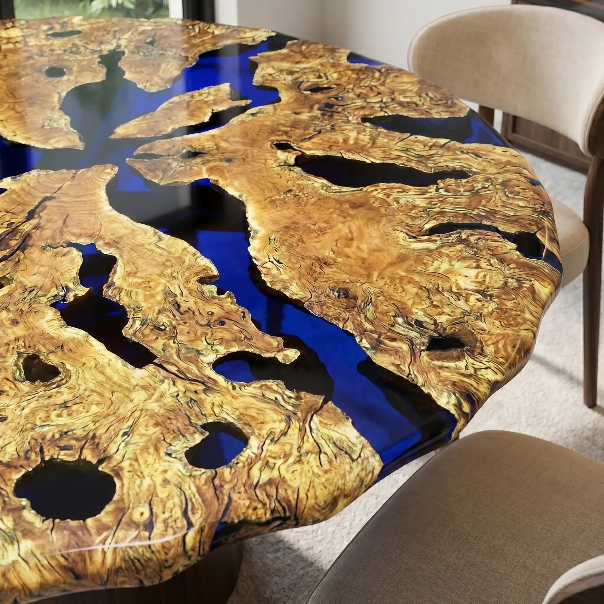Custom Olive Epoxy Resin Round Coffee Table Blue Resin