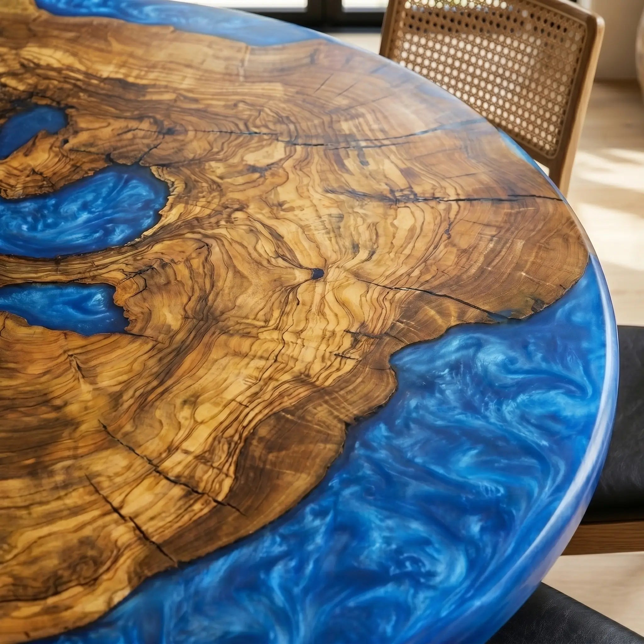 Custom Olive Epoxy Resin Round Coffee Table Blue Resin