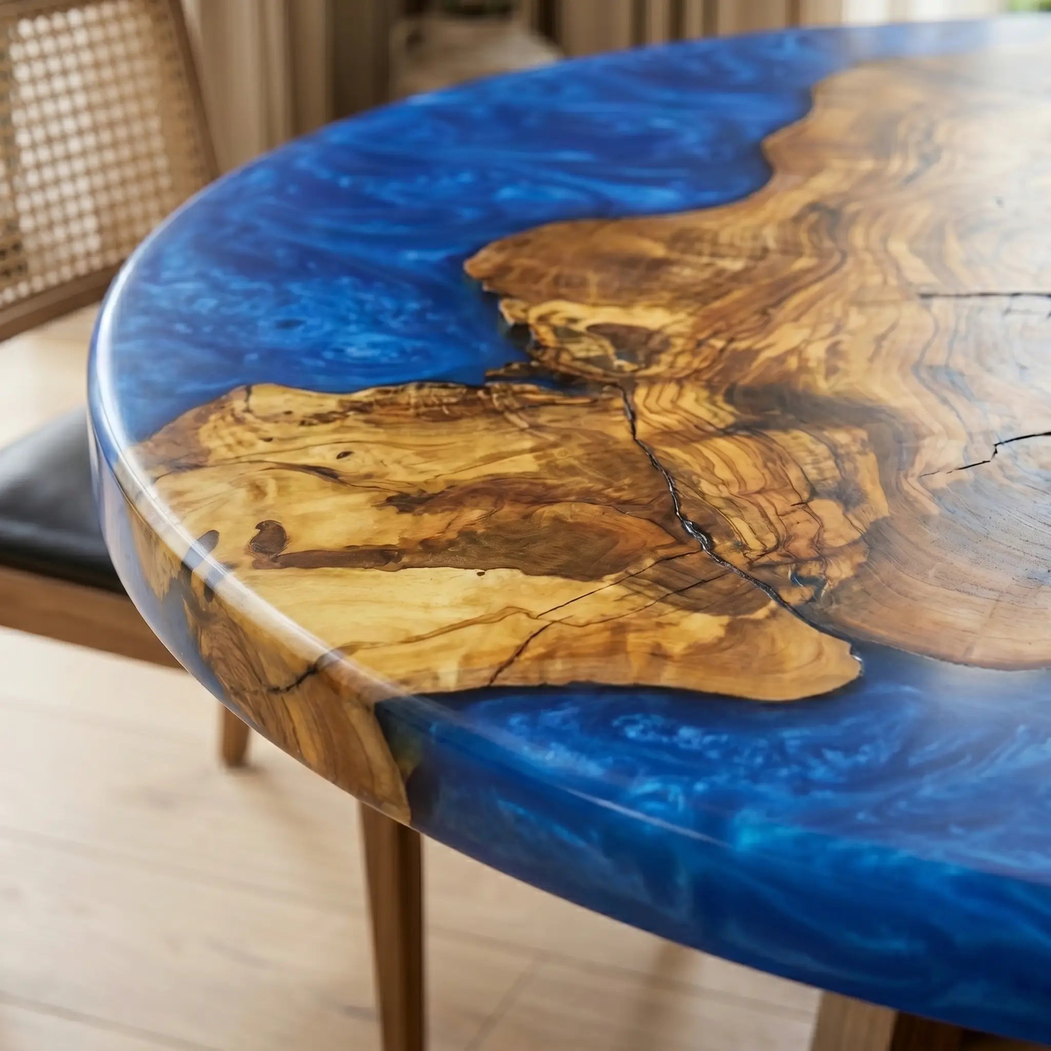 Custom Olive Epoxy Resin Round Coffee Table Blue Resin