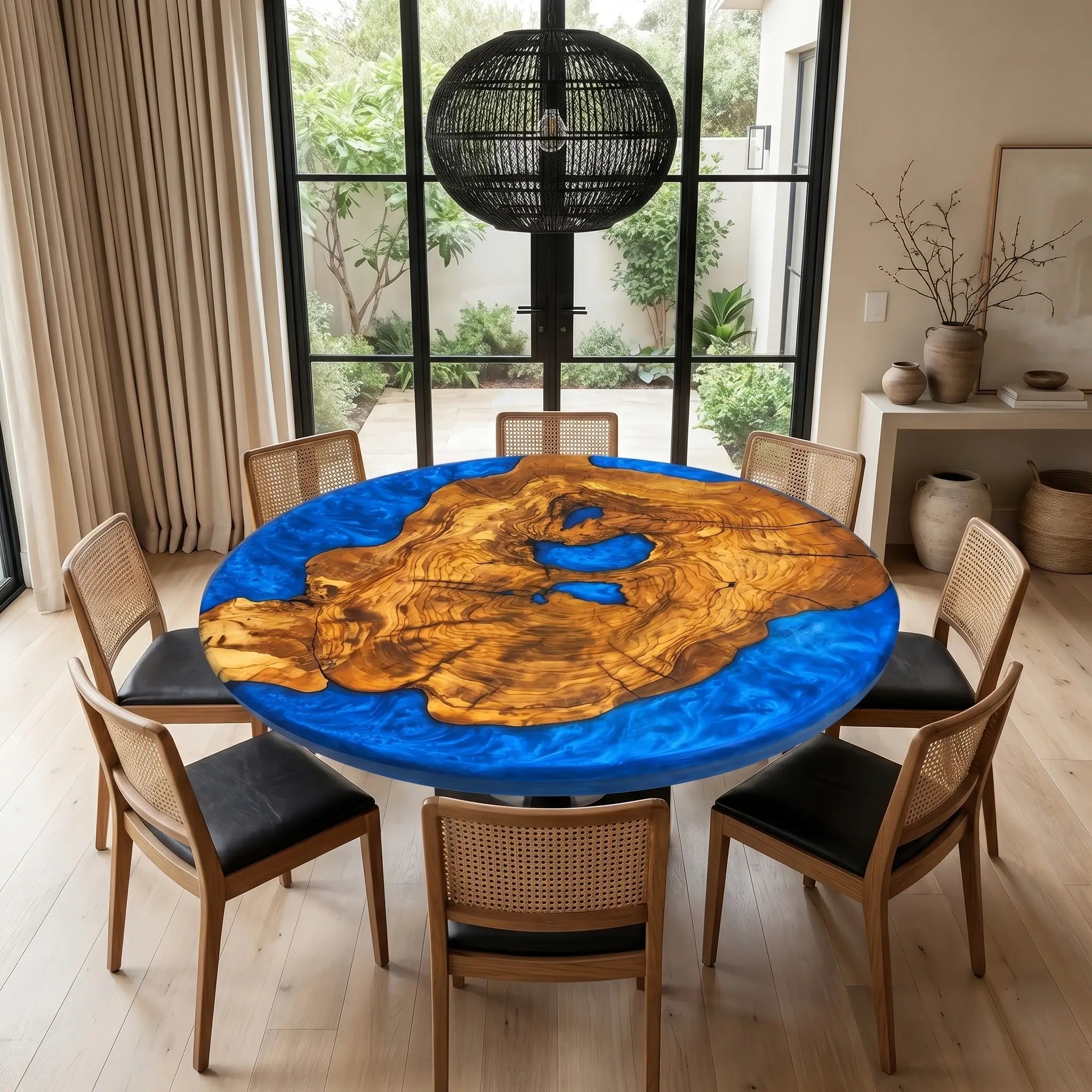 Custom Olive Epoxy Resin Round Coffee Table Blue Resin