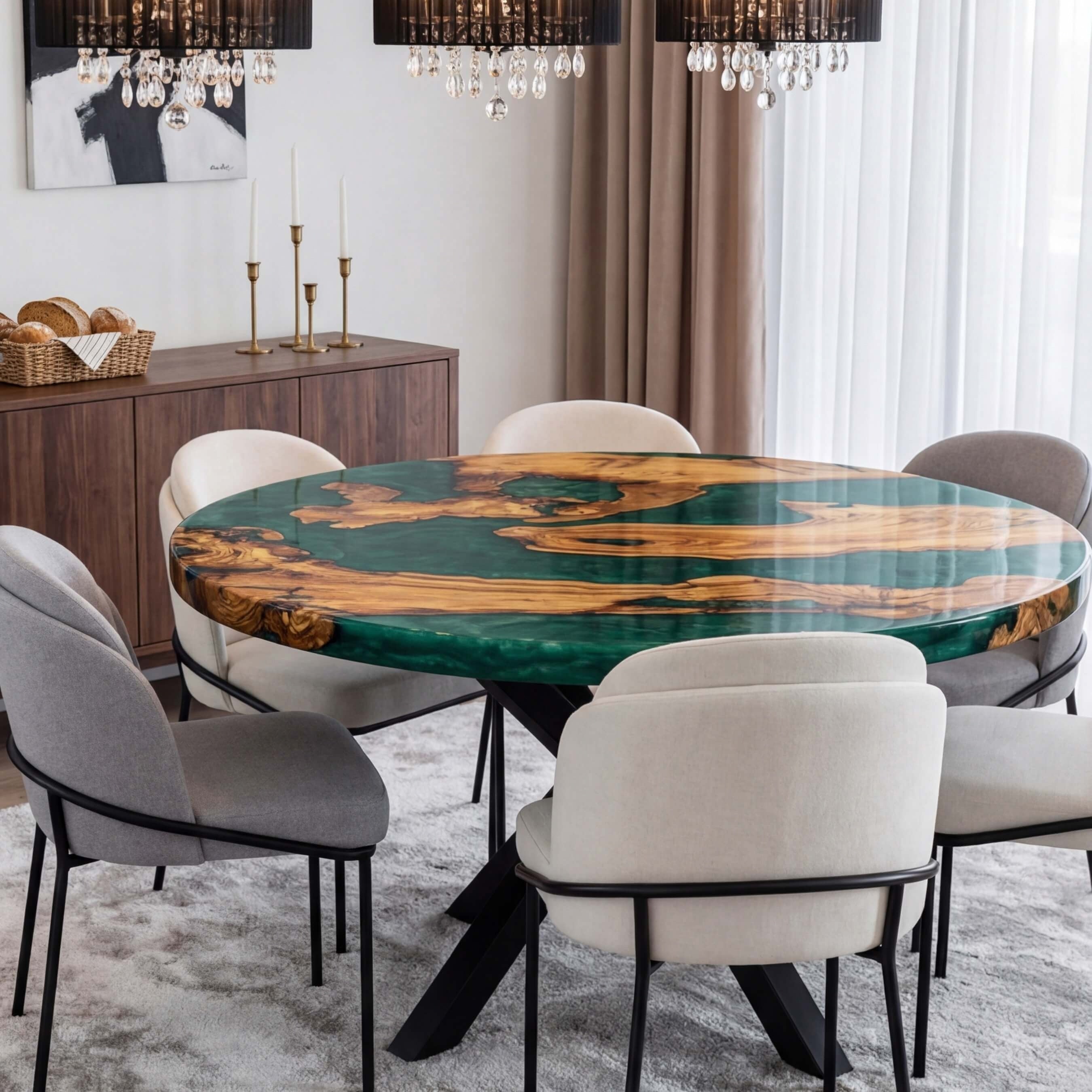 Custom Olive Epoxy Resin Round Coffee Table Blue Resin