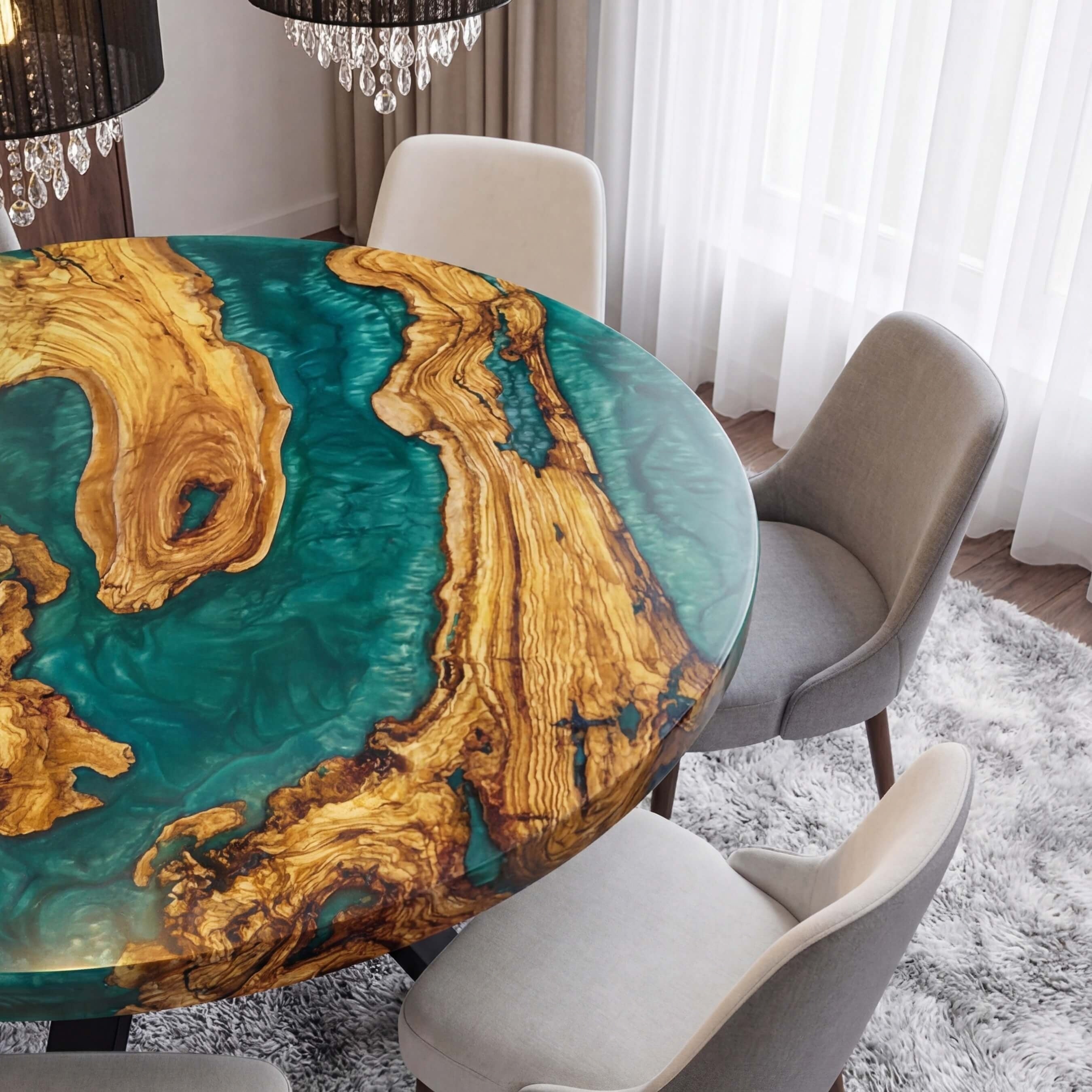 Custom Olive Epoxy Resin Round Coffee Table Blue Resin