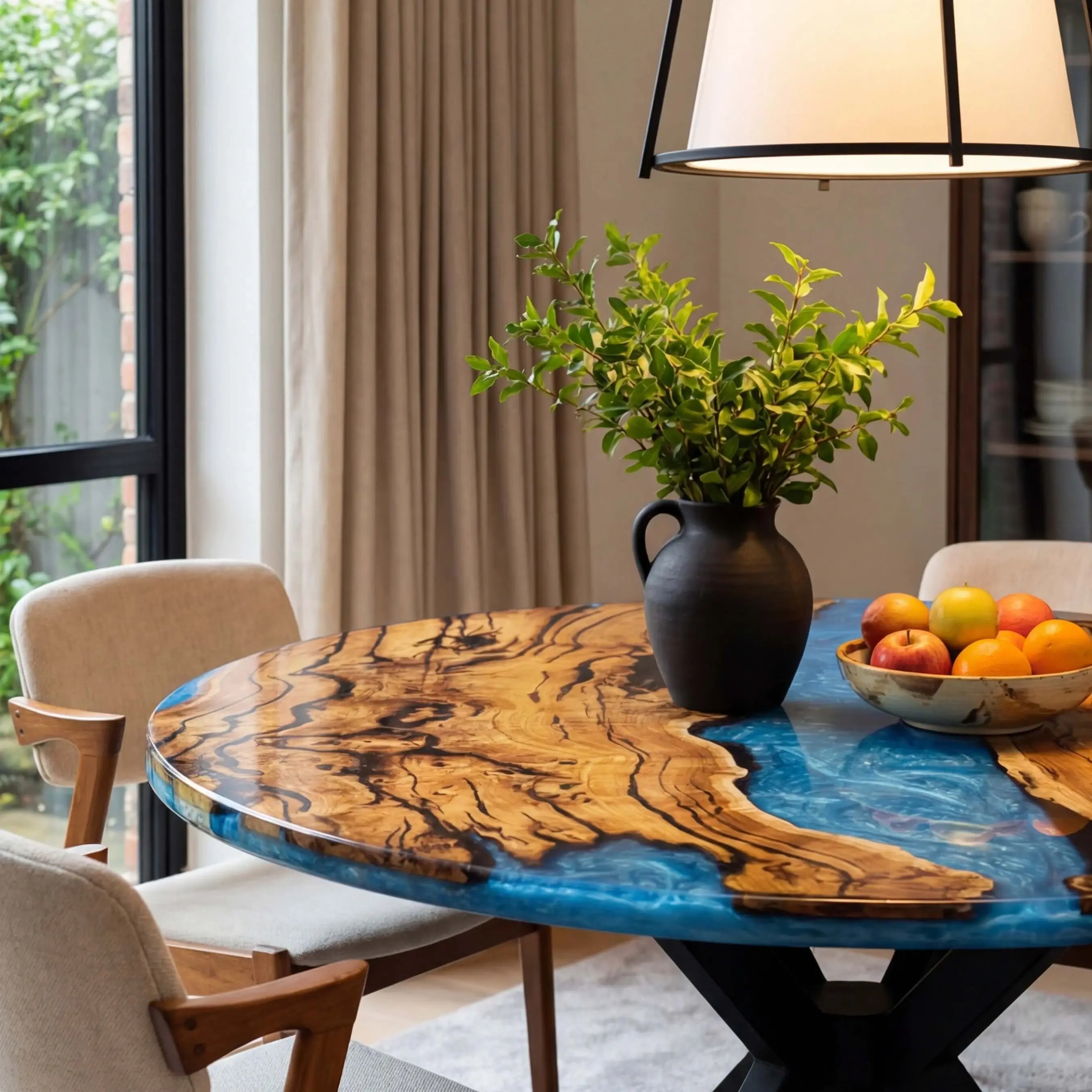 Custom Olive Epoxy Resin Round Coffee Table Blue Resin