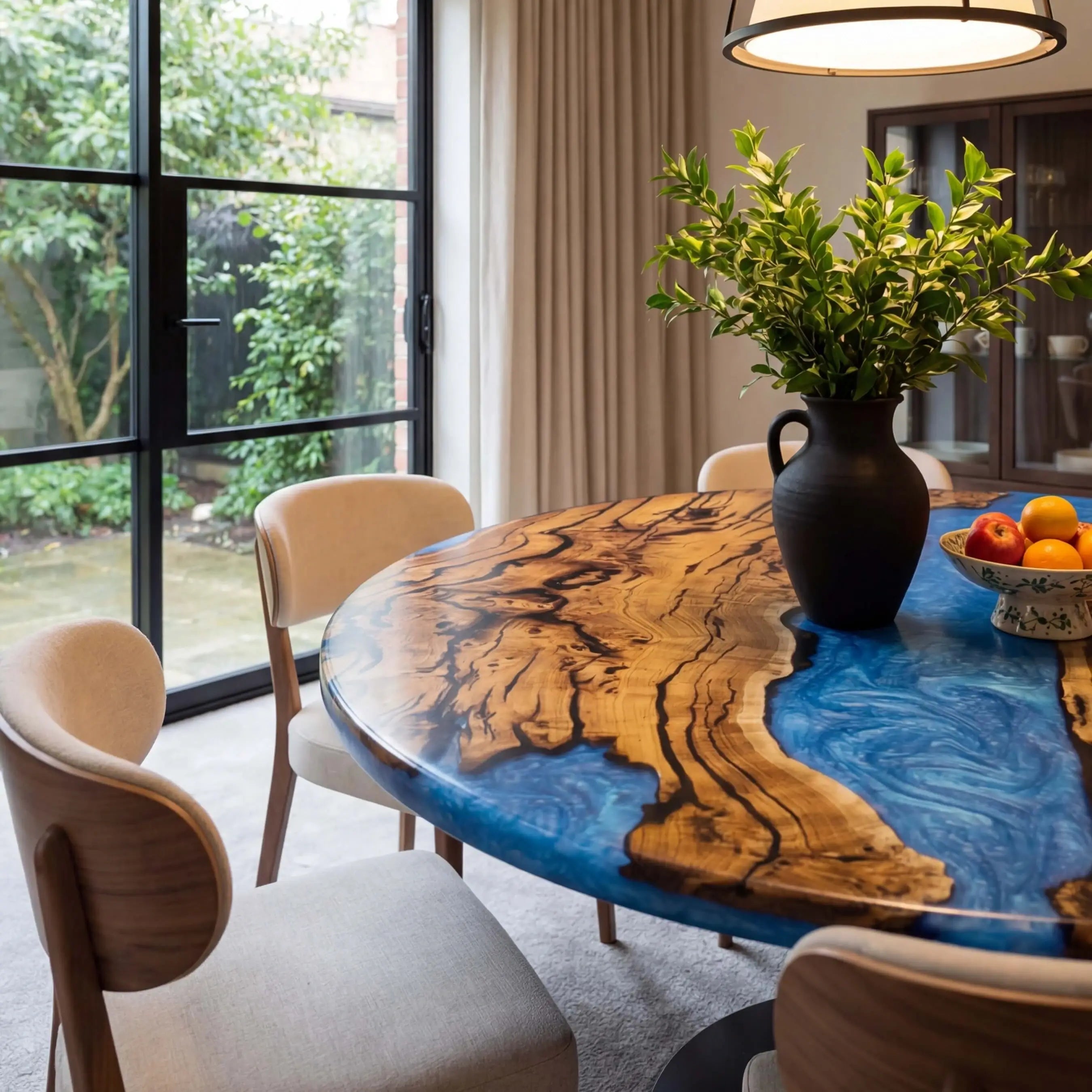Custom Olive Epoxy Resin Round Coffee Table Blue Resin