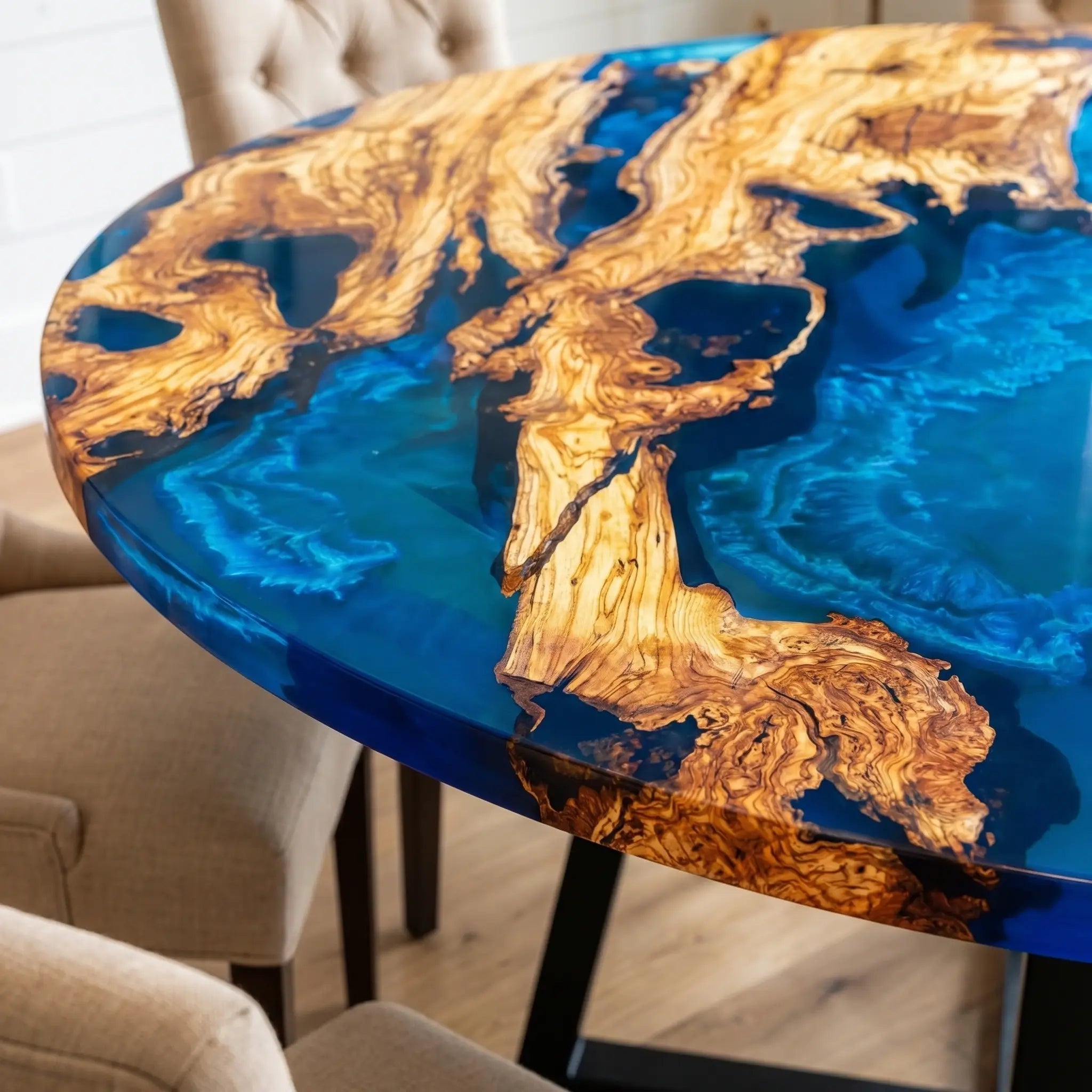 Custom Olive Epoxy Resin Round Coffee Table Blue Resin