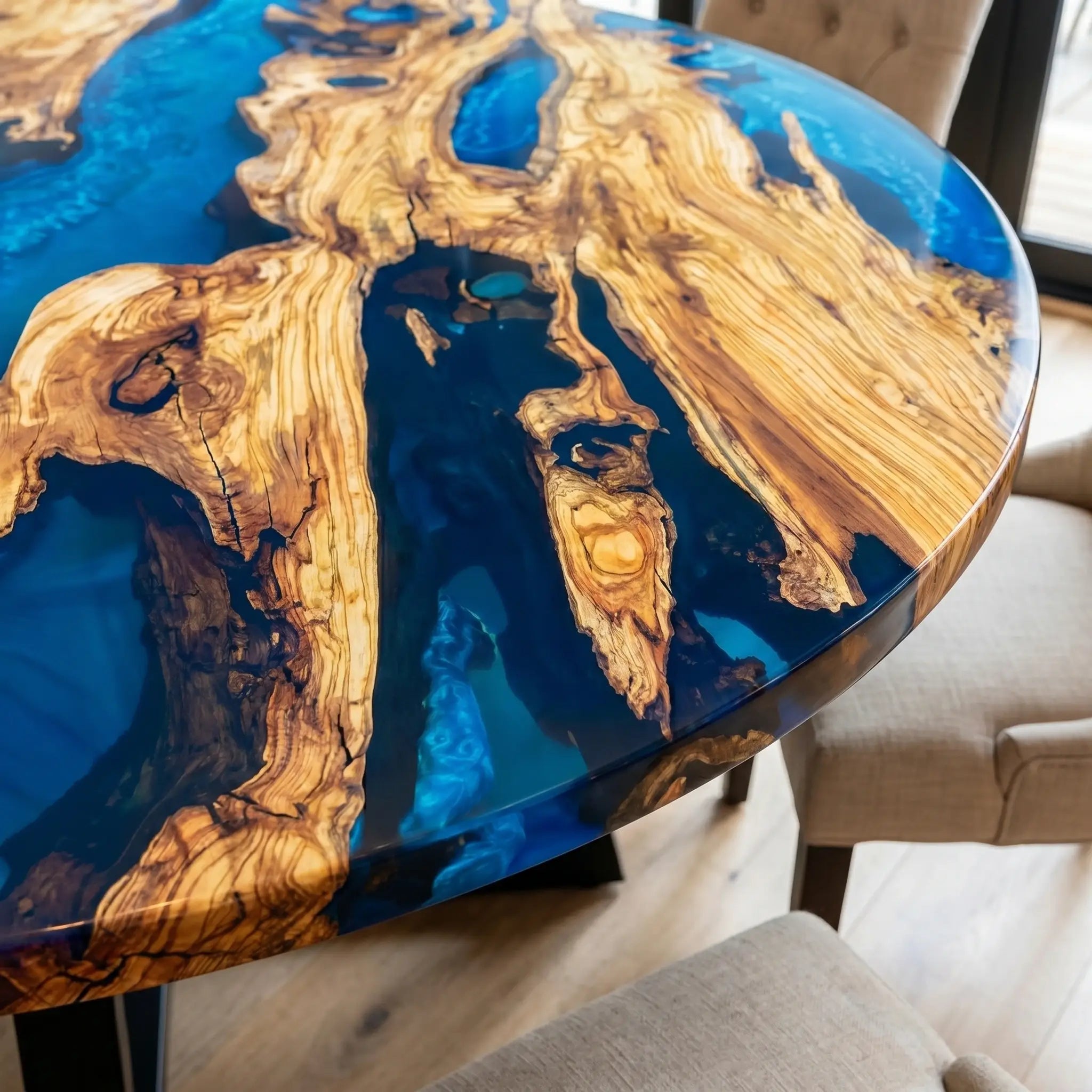 Custom Olive Epoxy Resin Round Coffee Table Blue Resin