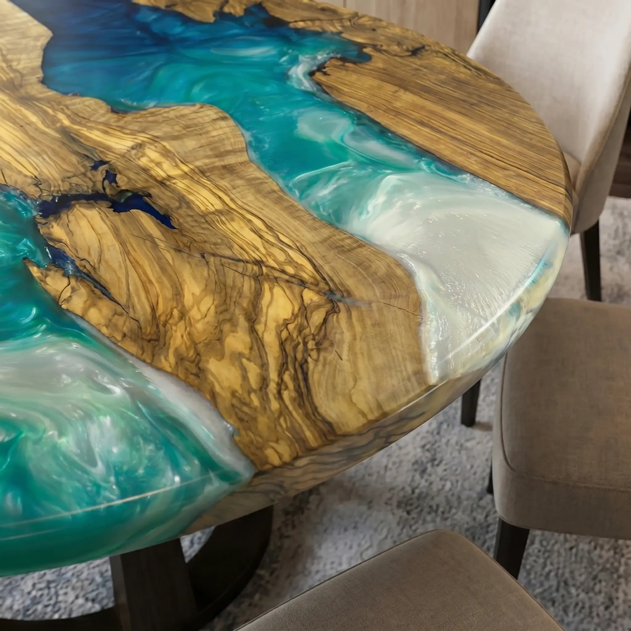 Custom Olive Epoxy Resin Round Coffee Table Blue Resin