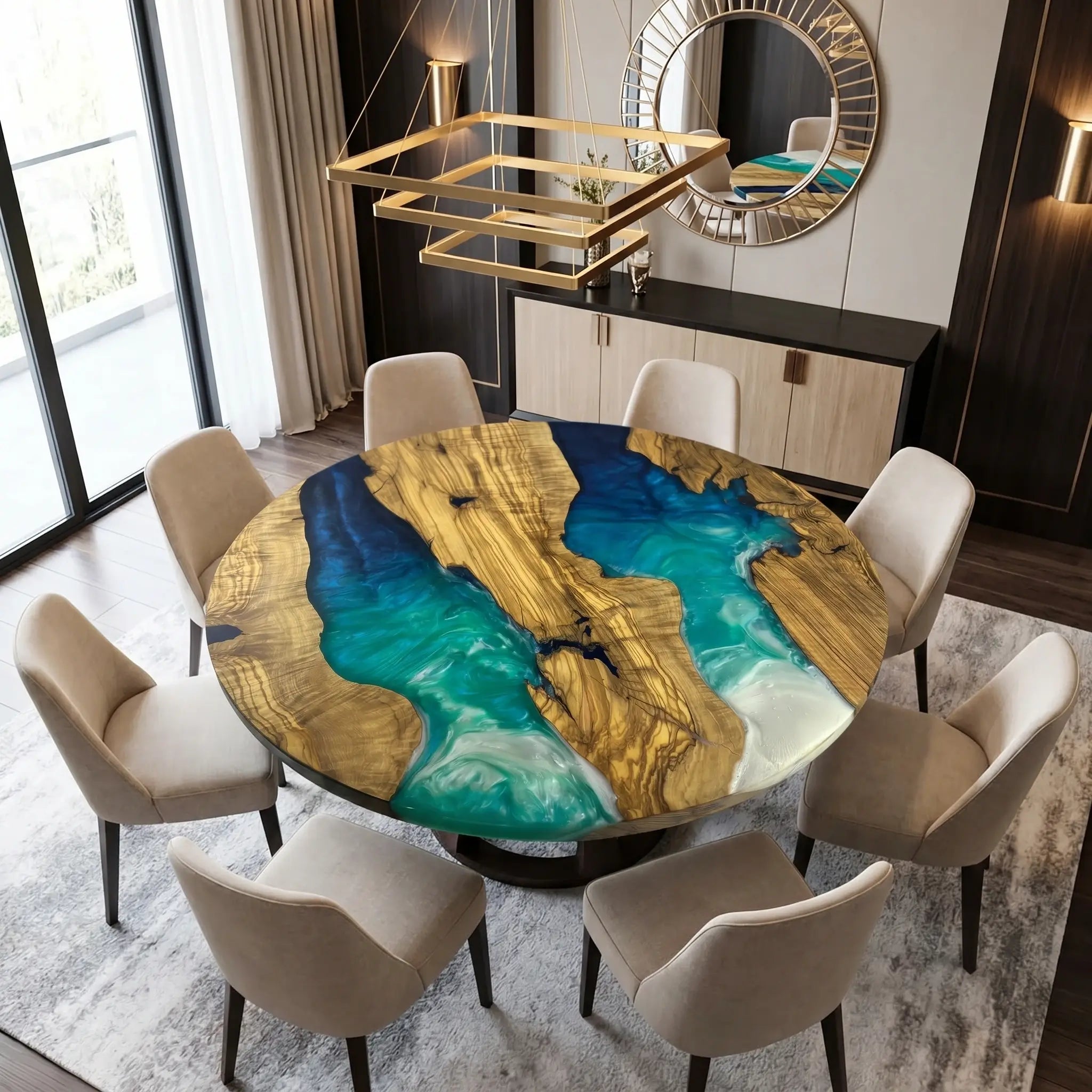 Custom Olive Epoxy Resin Round Coffee Table Blue Resin