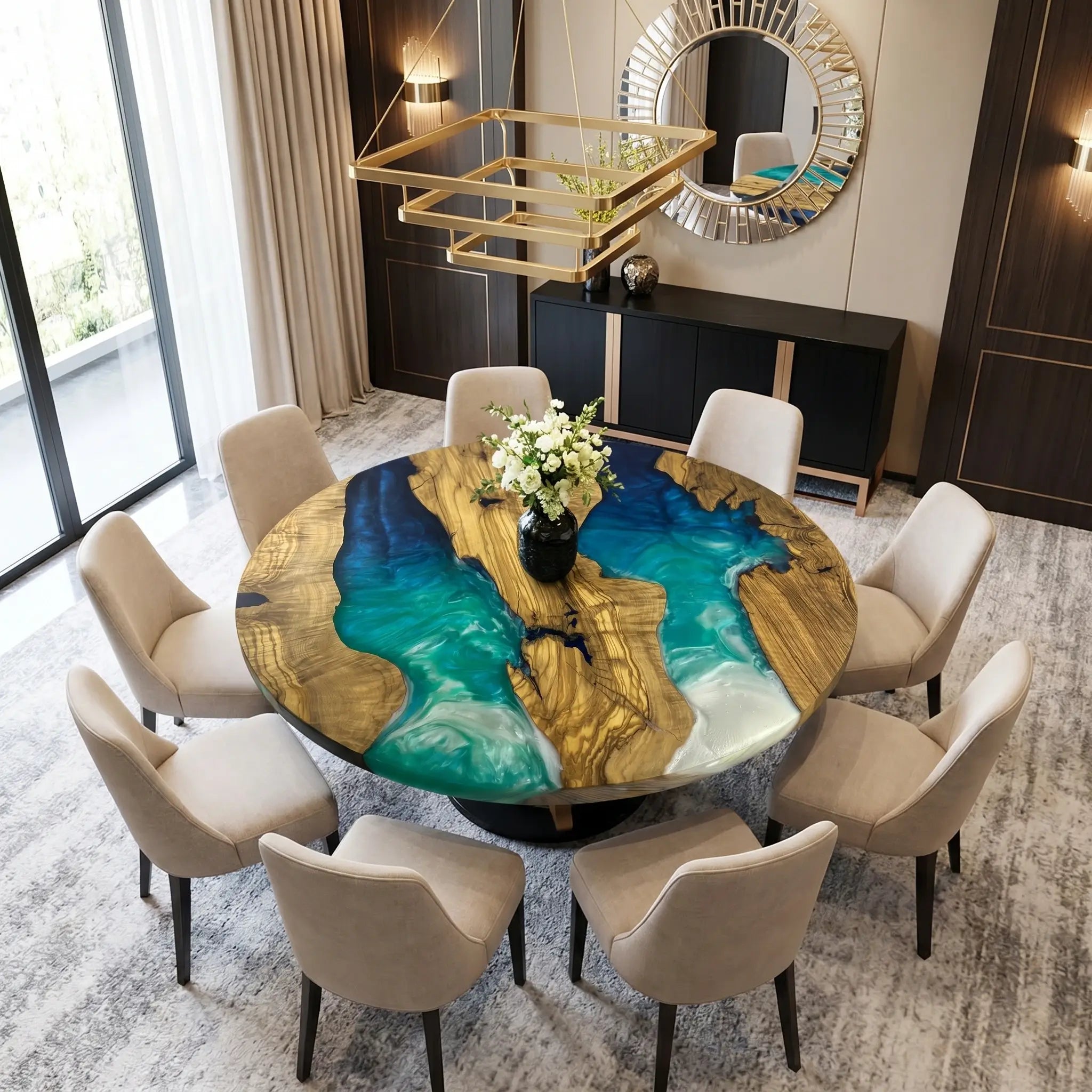 Custom Olive Epoxy Resin Round Coffee Table Blue Resin