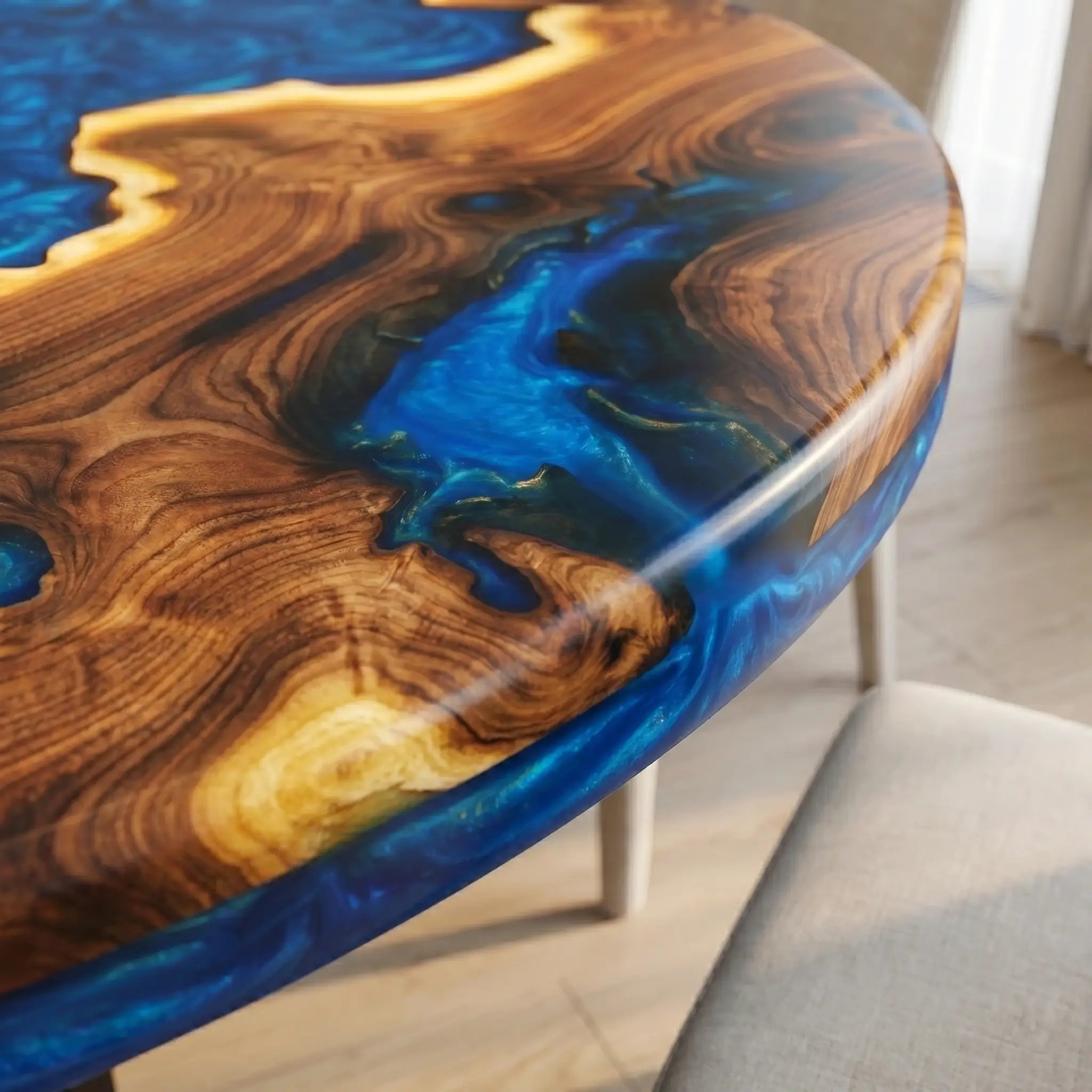 Custom Olive Epoxy Resin Round Coffee Table Blue Resin